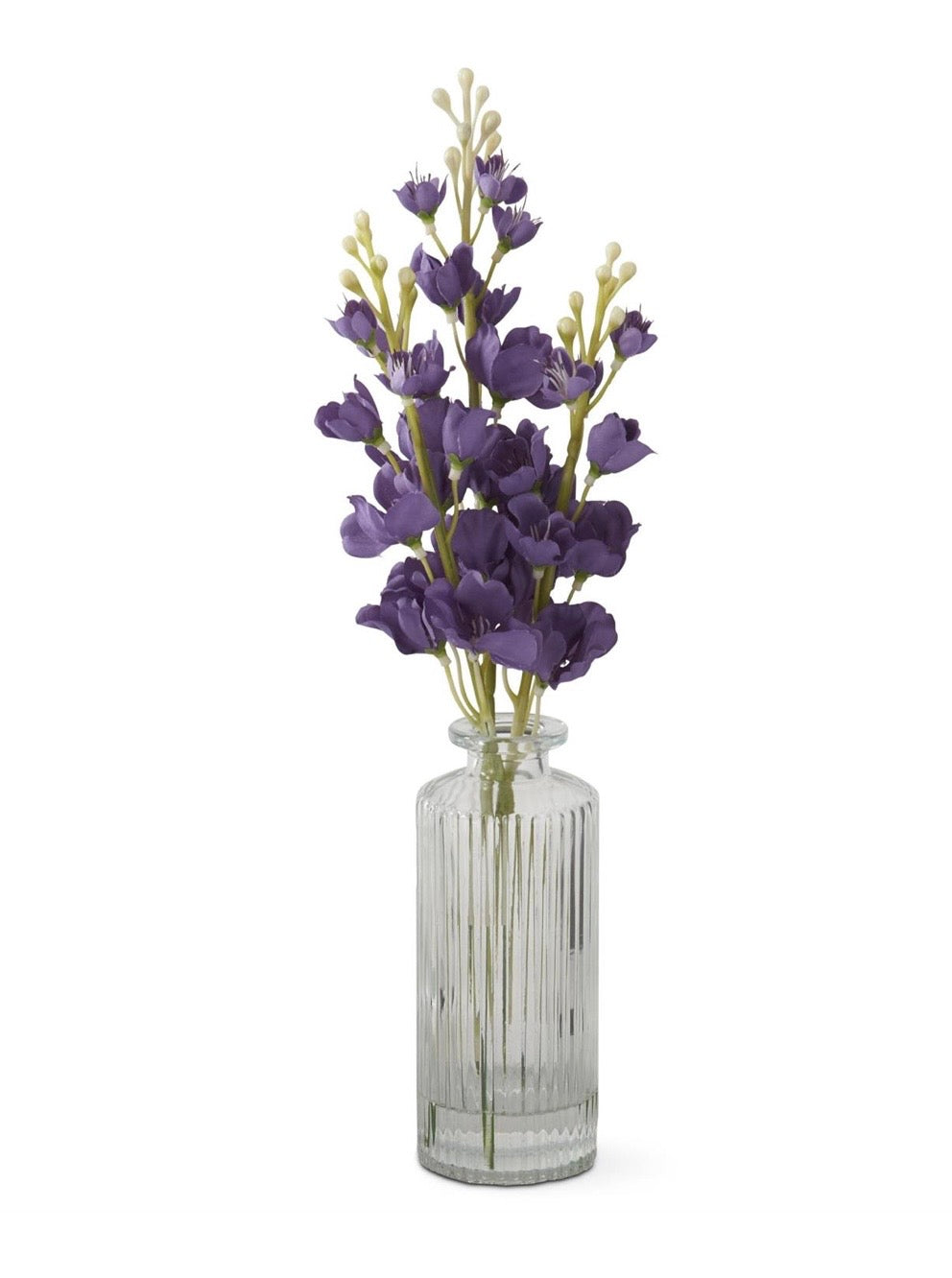 12 Inch Purple Delphinium Premade in Glass Vase w/Faux Water