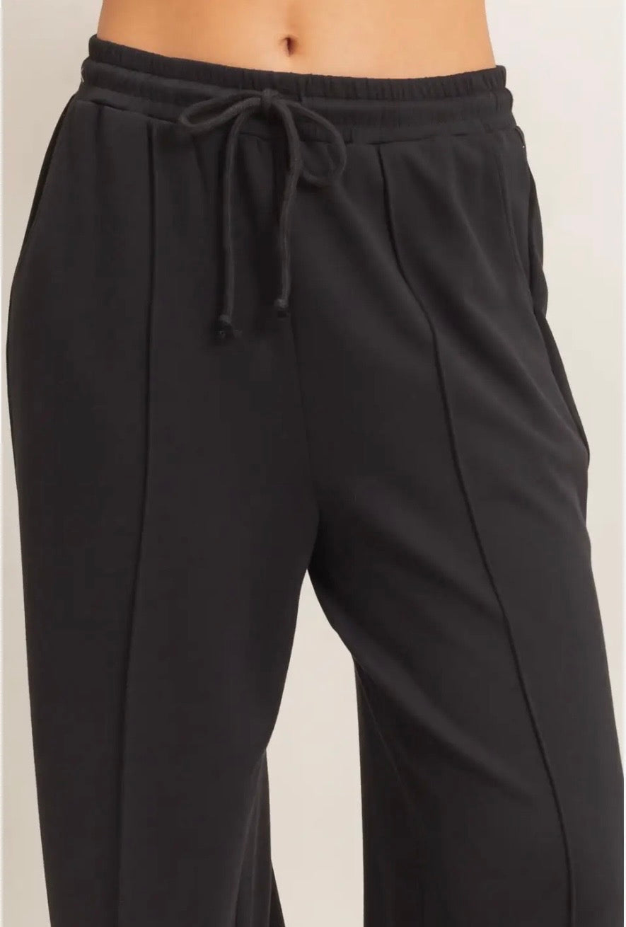 Drawstring Waist Pintuck Wide Leg Pants