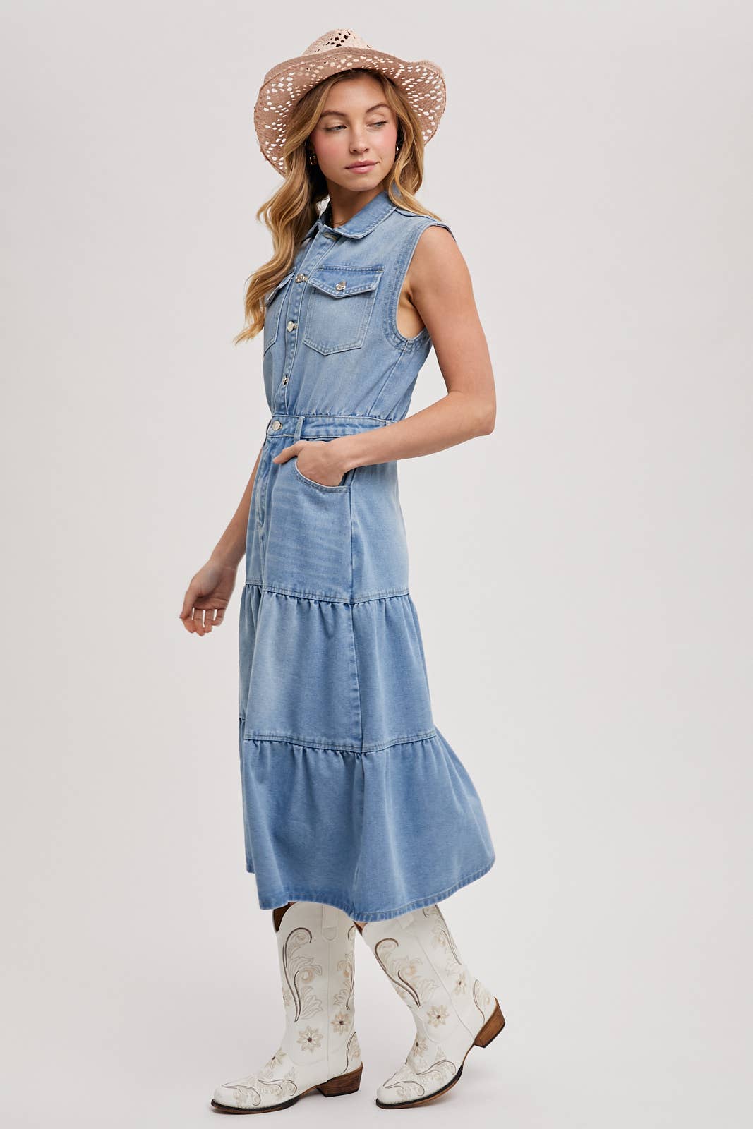 DENIM SLEEVELESS SHIRT TIERED MIDI DRESS