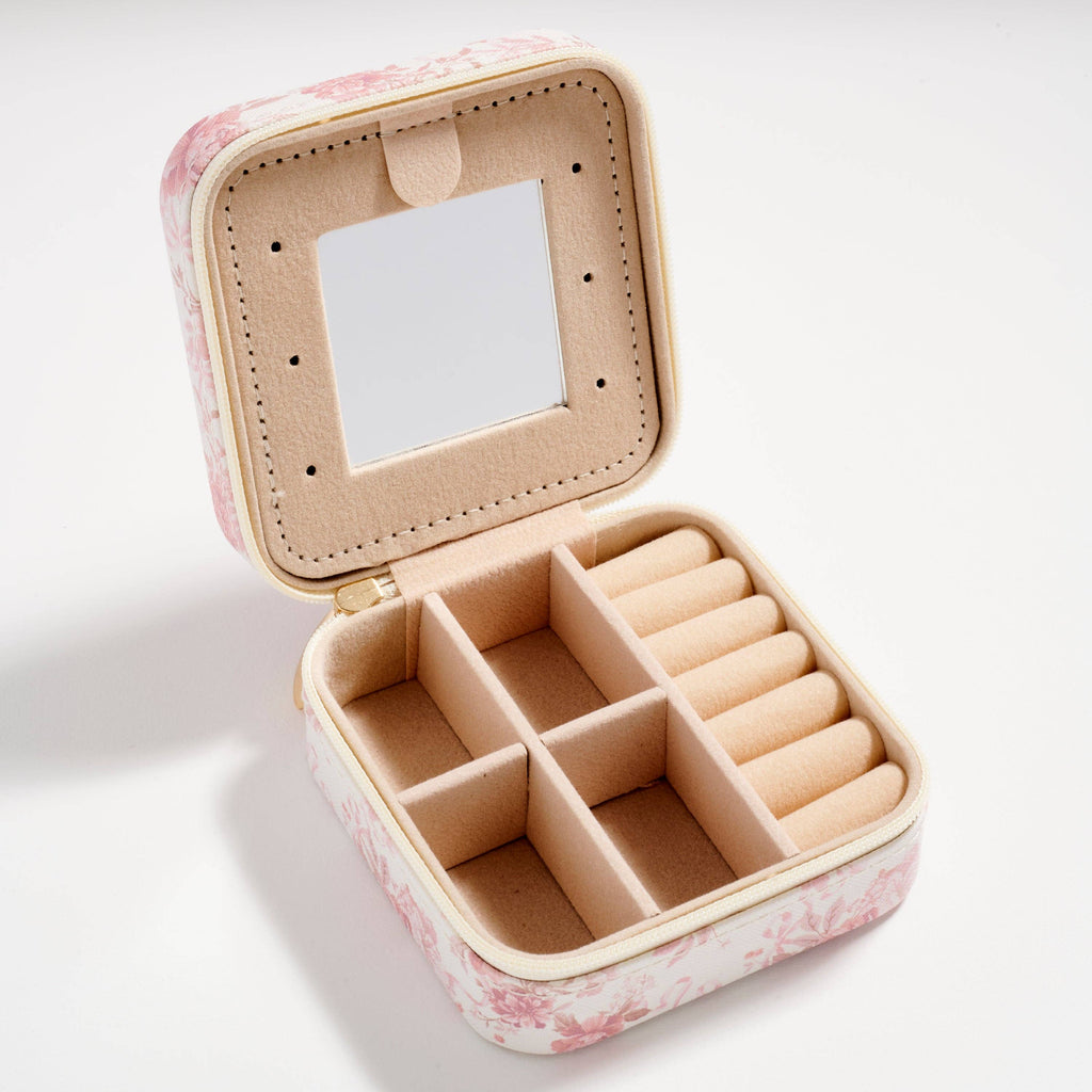 Floral Travel Jewelry Box with Mirror – Compact Organizer for Rings, Earrings & Necklaces