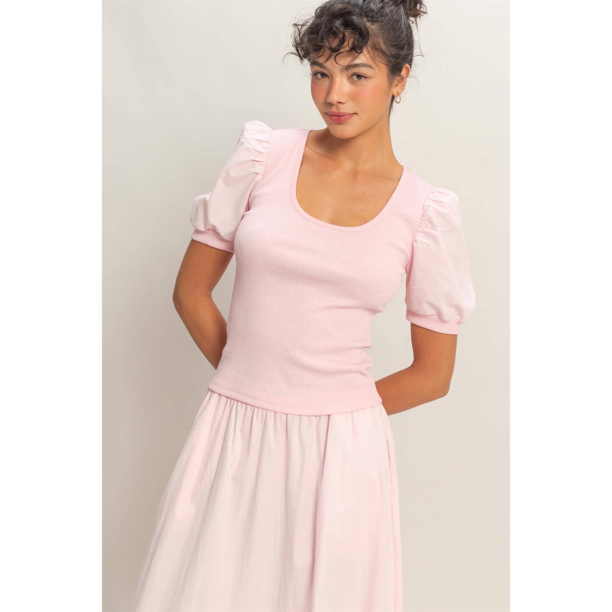 Ribbed Puff Sleeve Scoop Neck Top