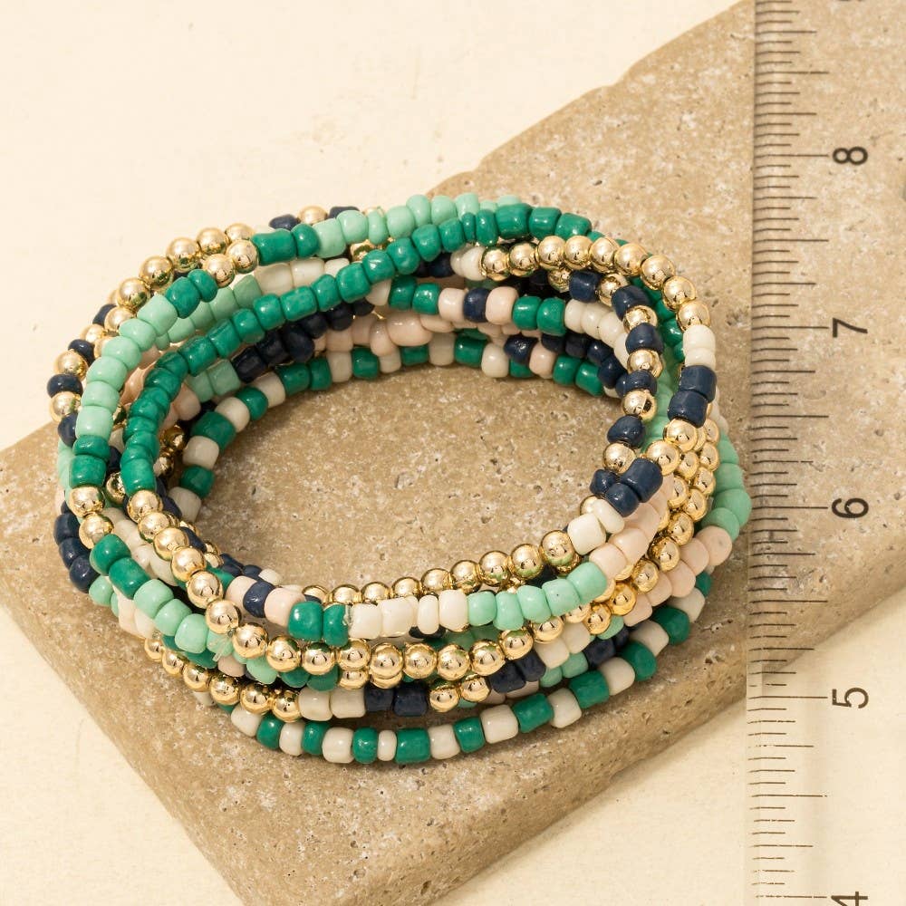 Mixed Mint And Blue Tones Seed Beaded Bracelet Set