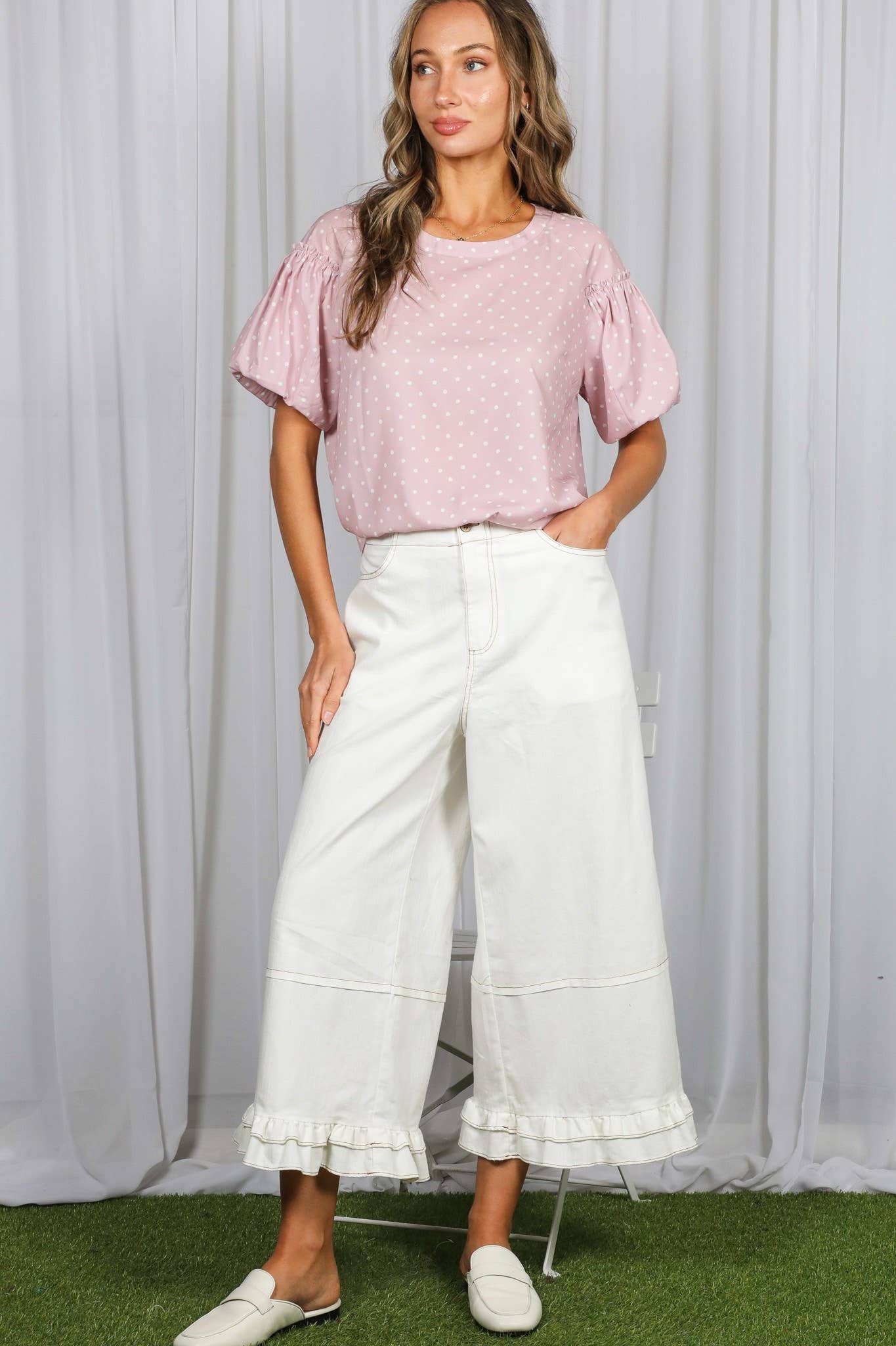 Swiss Dot Printed Short Puff Sleeve Blouse Top