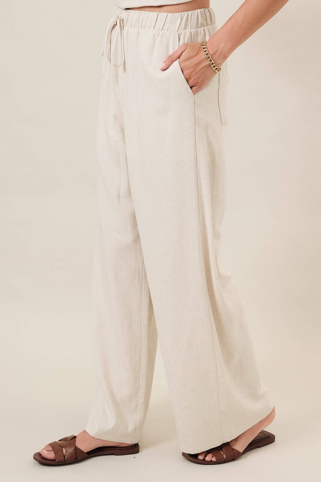 ELASTIC WAIST DRAWSTRING BACK PATCH POCKET WIDE LINEN PANTS
