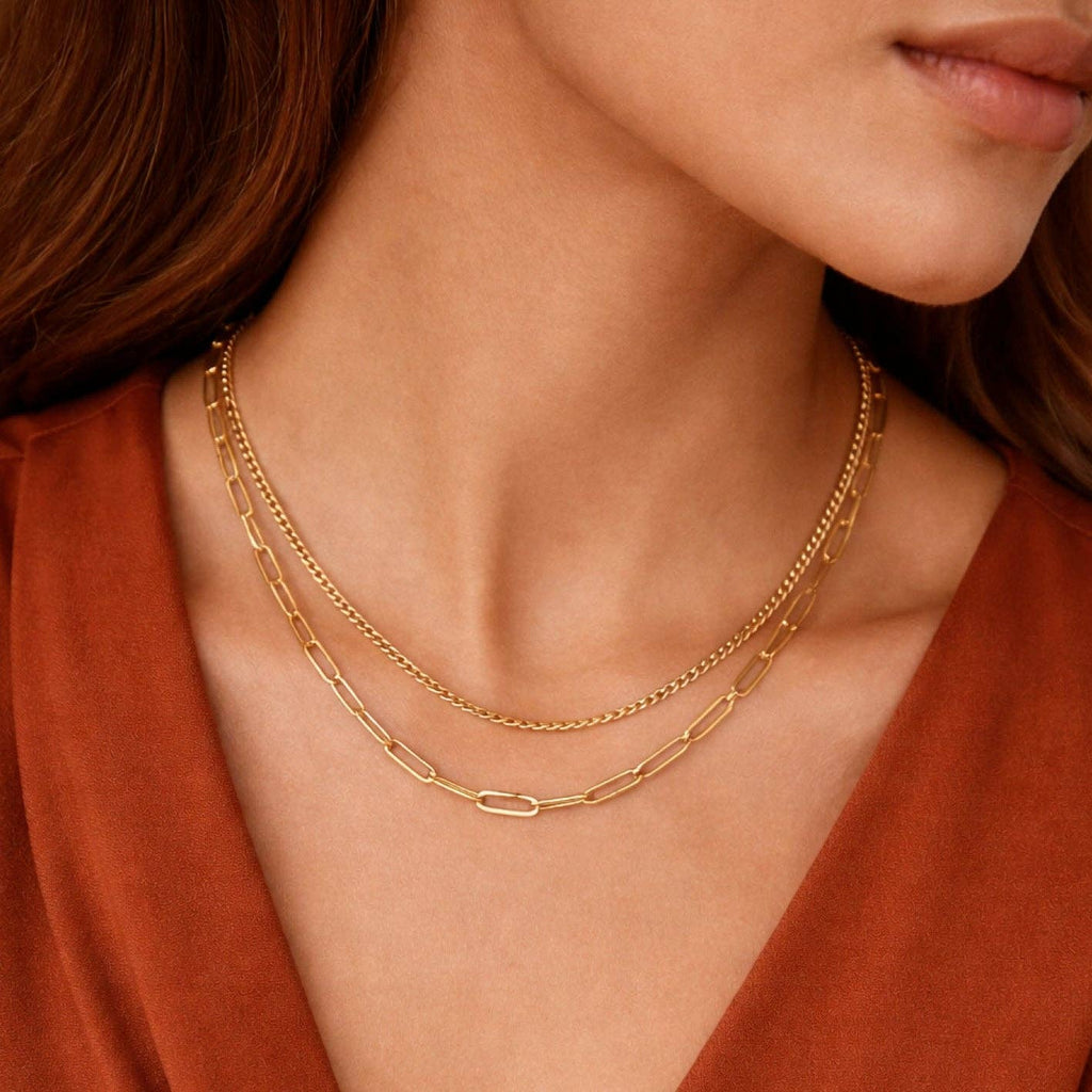 18K Gold Plated Waterproof Stainless Steel Paperclip Layered Necklace
