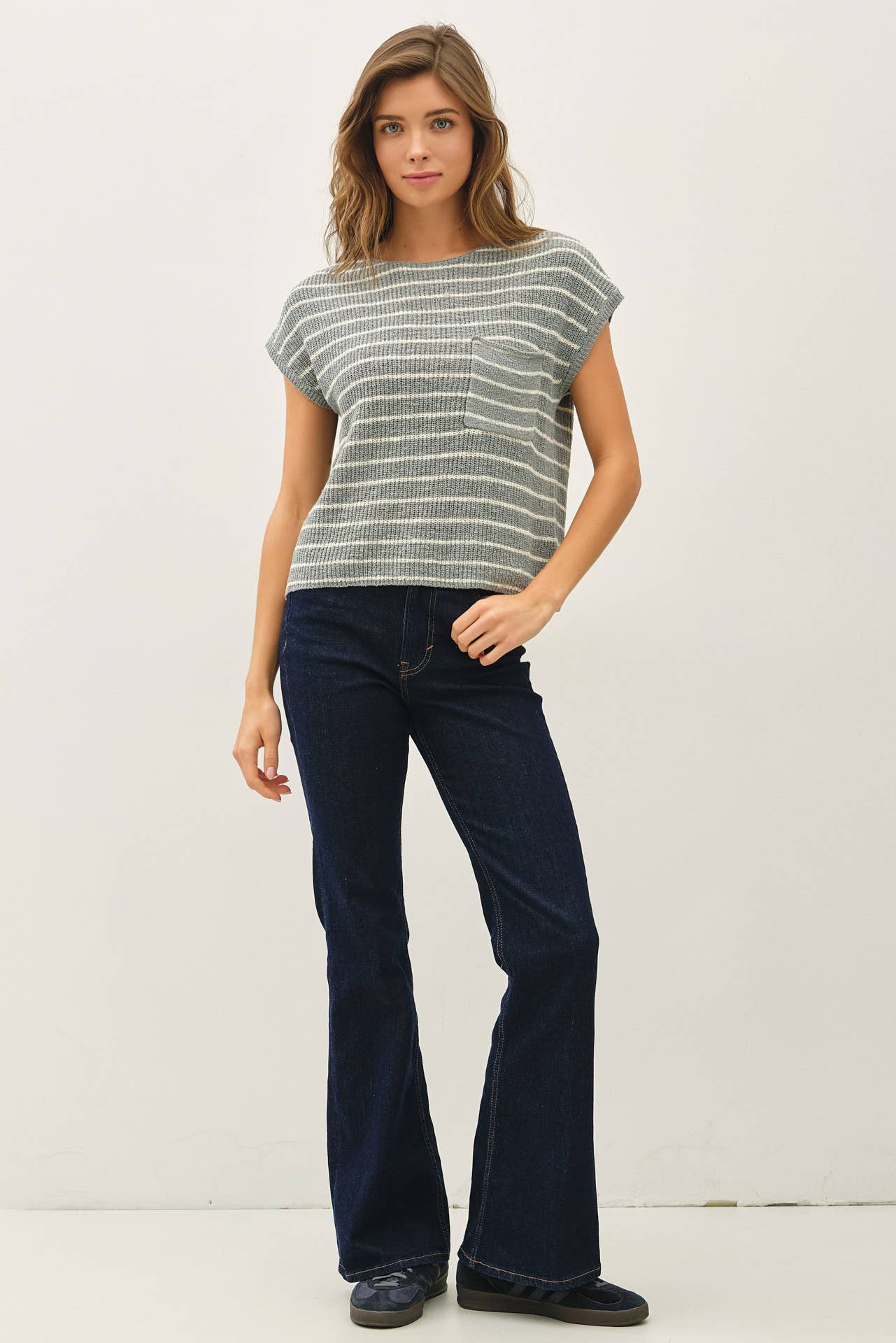STRIPED CAP SLEEVE SWEATER W FRONT PATCH POCKET