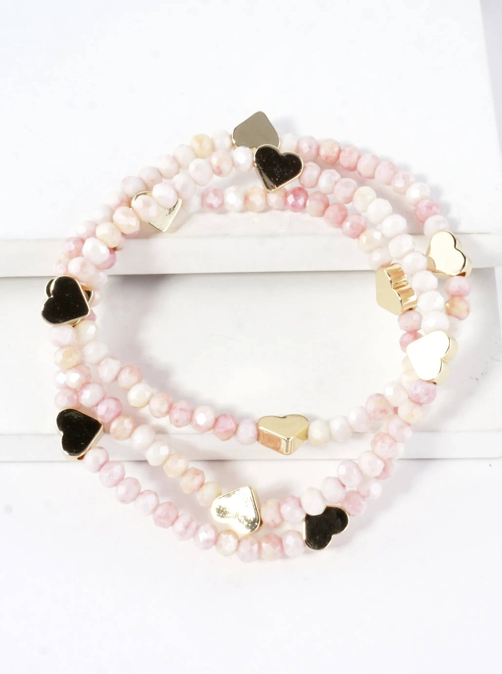 3-PC Set Faceted Glass Beads Hearts Stretch Bracelets