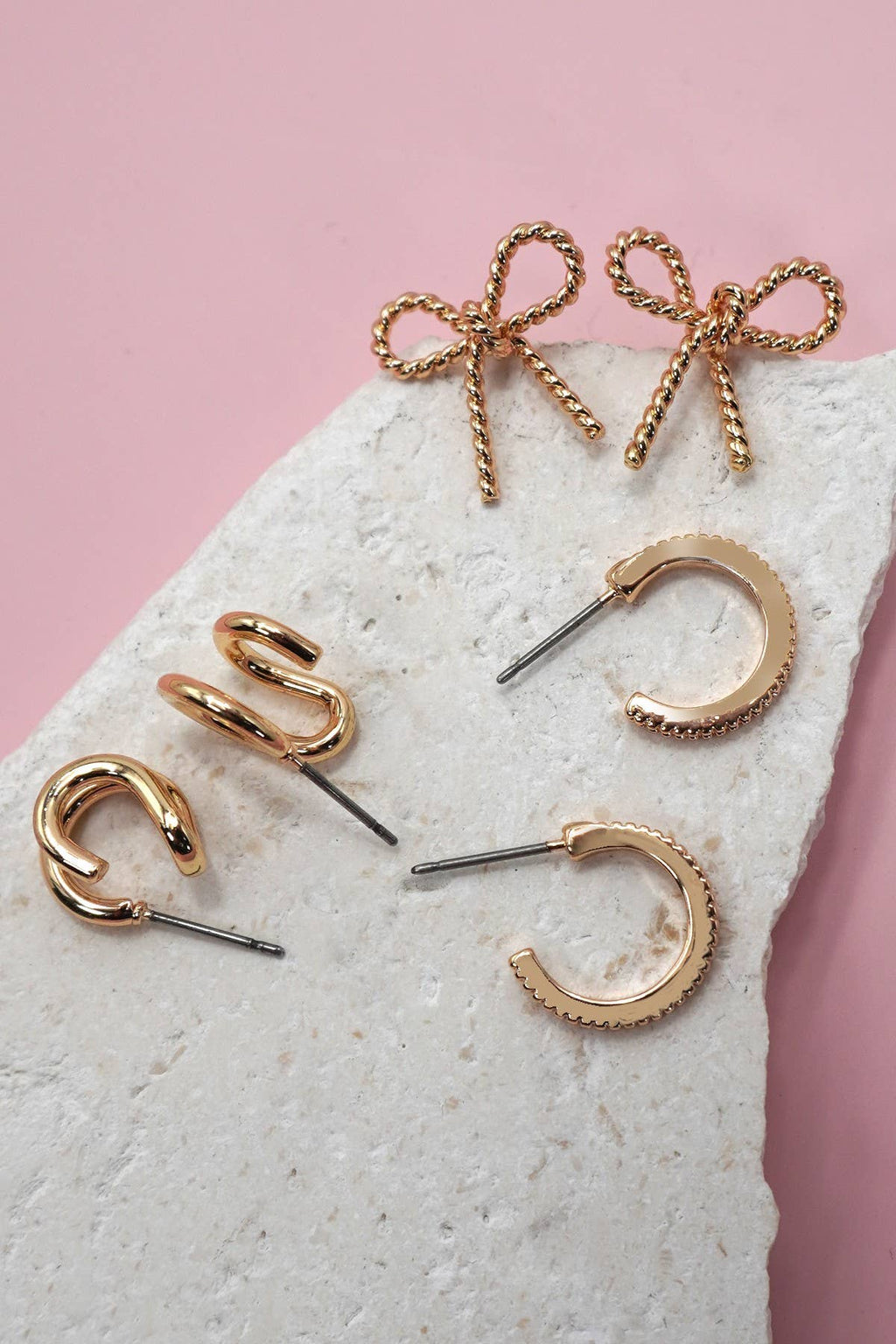 HUGGIE BOW HOOP TITANIUM POST EARRINGS SET
