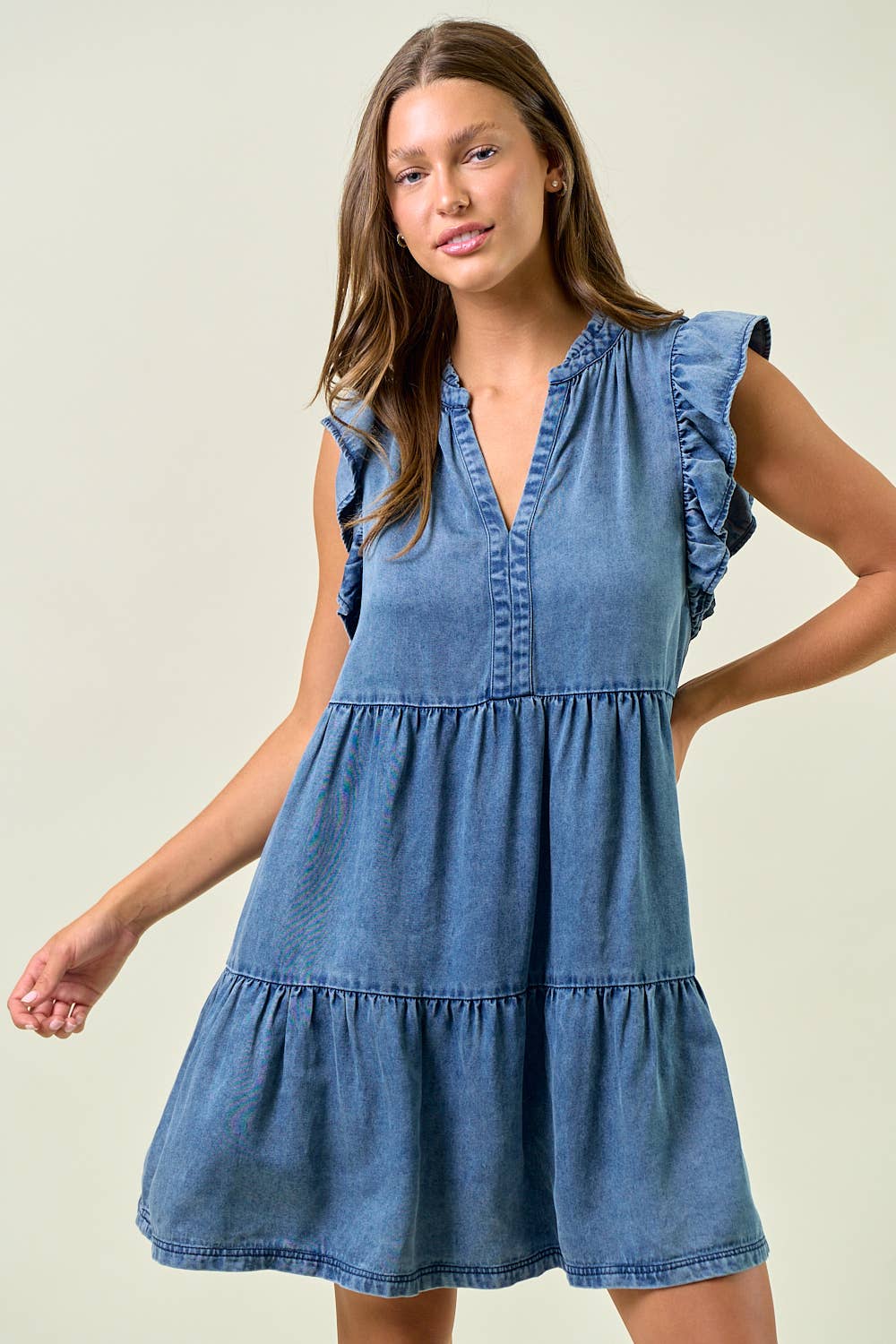 DENIM TENCEL RUFFLE TIERED MINI DRESS