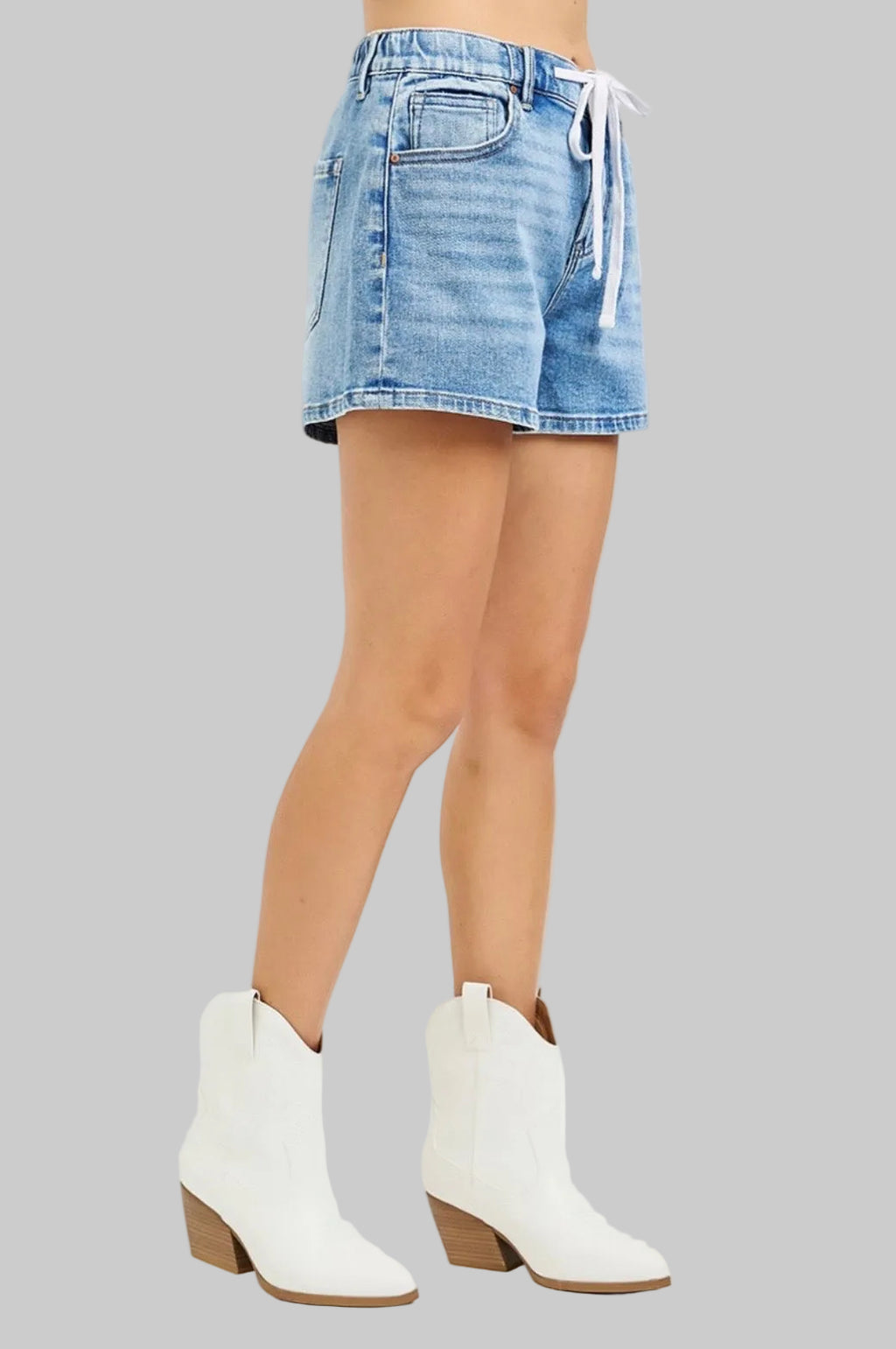Risen Elastic Band Front Tie Denim Shorts