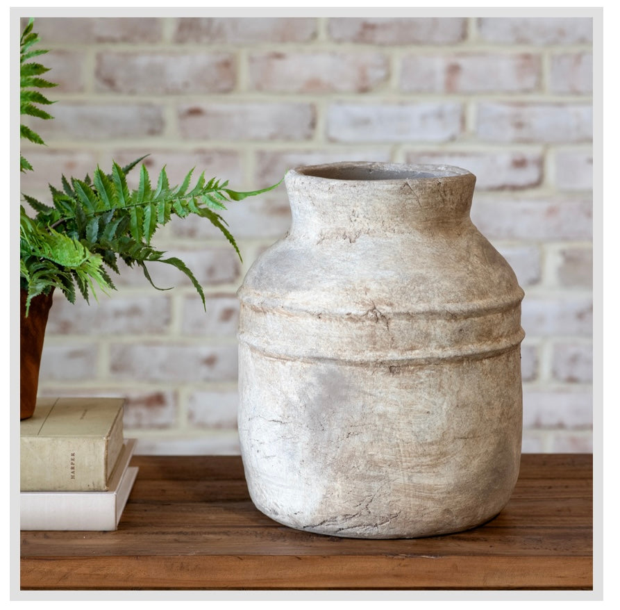 9.8" ANTIQUE TAUPE TERRACOTTA WHITEWASH VASE