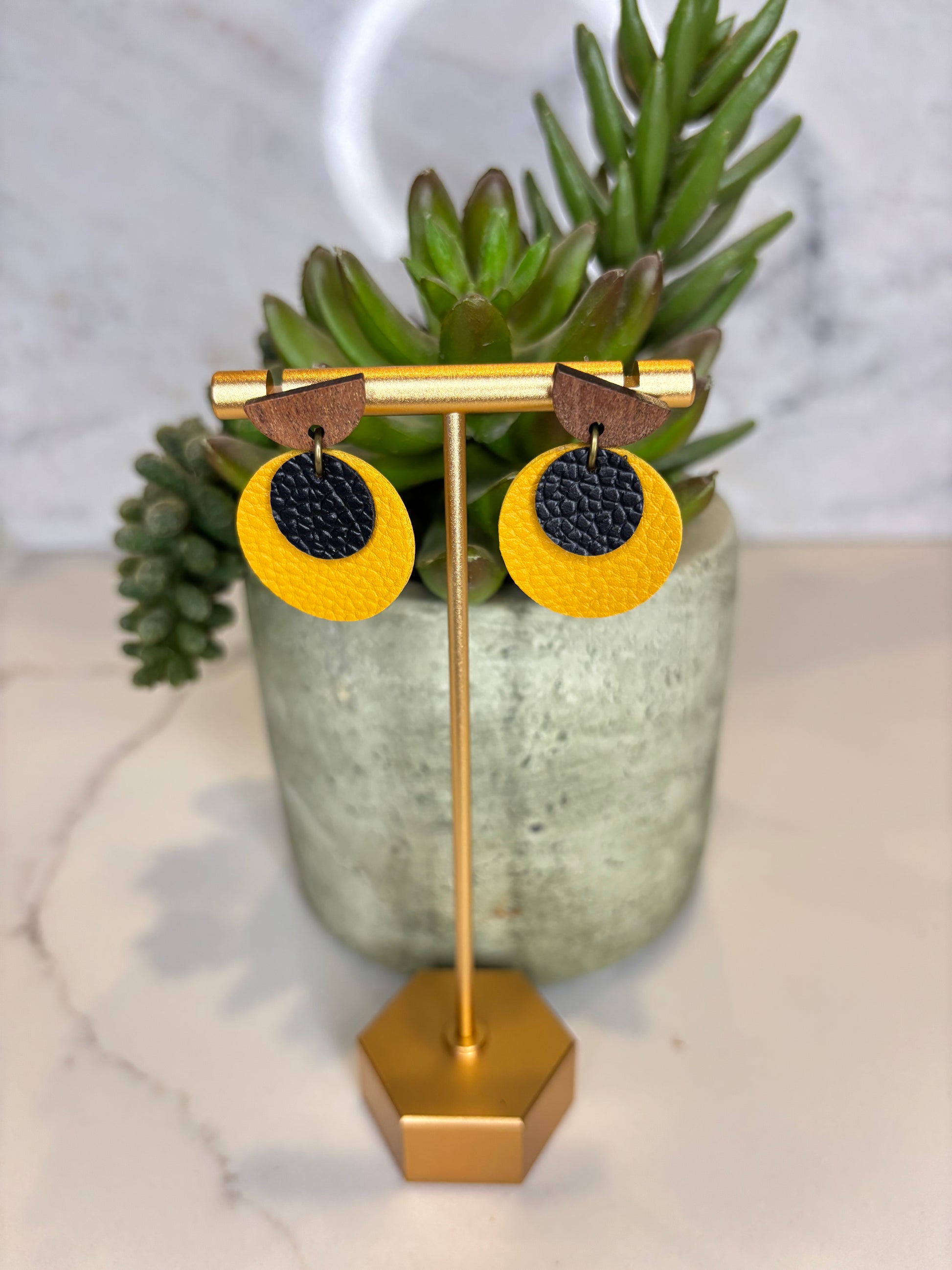 Black and Gold leather and wood circle earrings