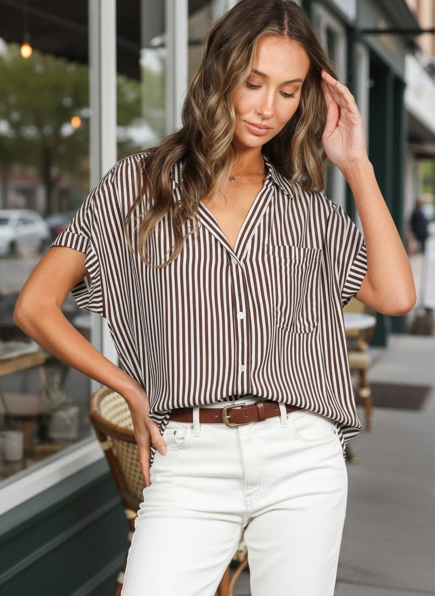 Collared Short Roll-Up Sleeve Button-Down Shirt