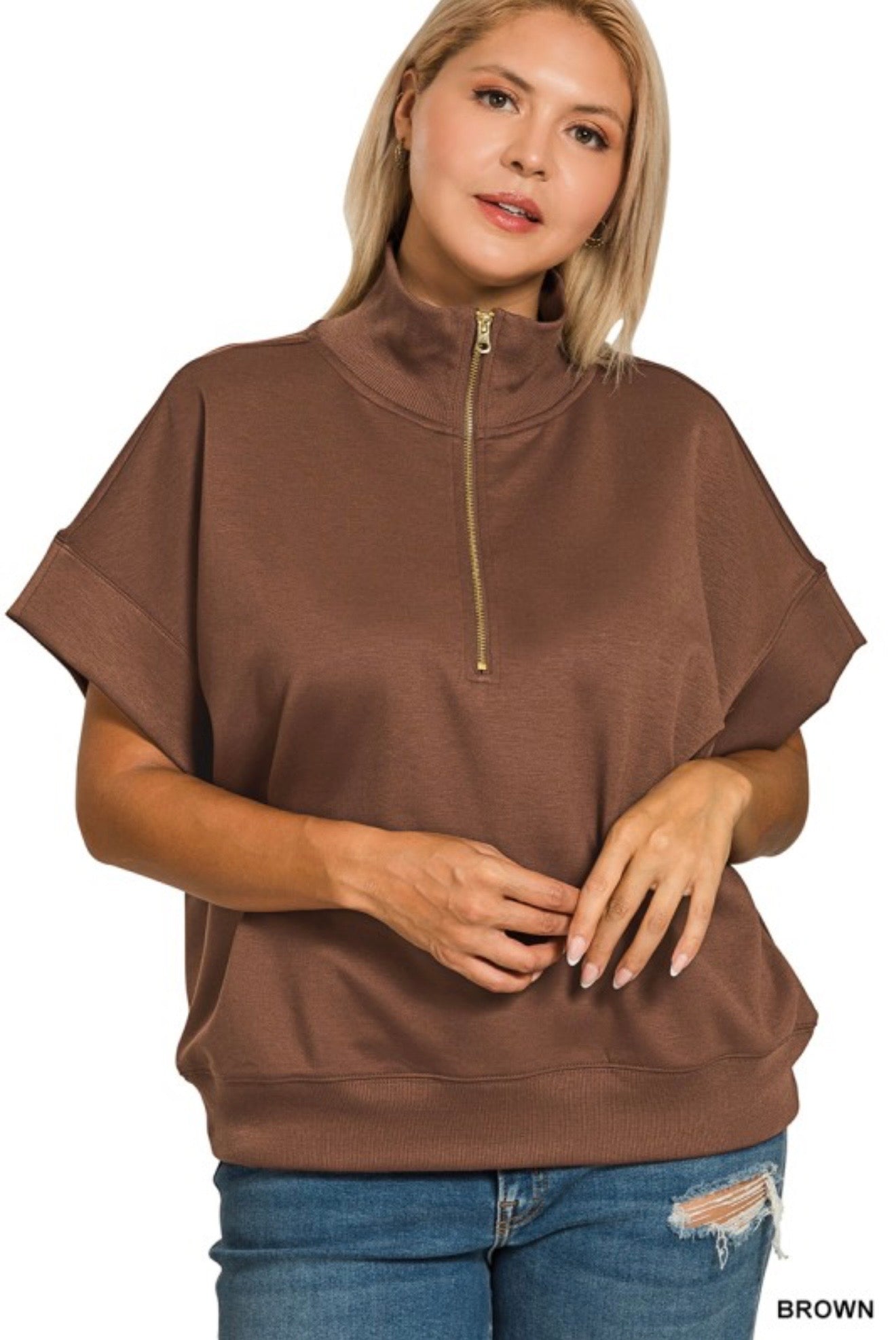 Curvy Scuba High Neck Half Zip Short Sleeve Pullover