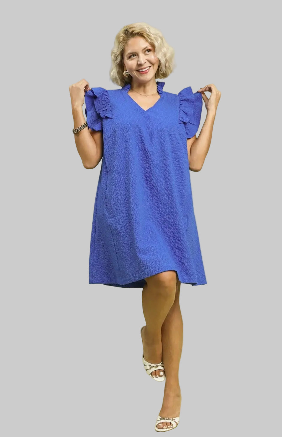 Curvy Textured Ruffle Sleeve Shift Dress