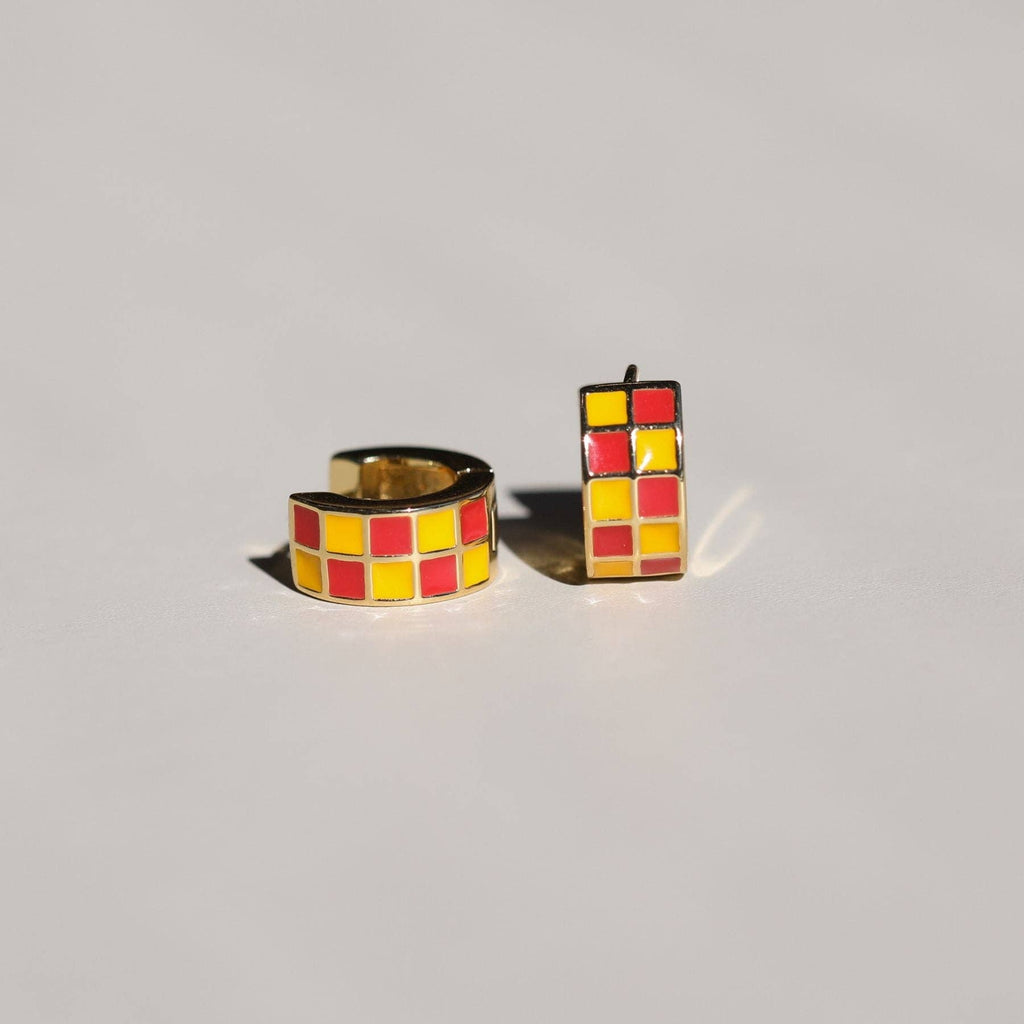 Red & Yellow Checkered Enamel Huggie Earrings