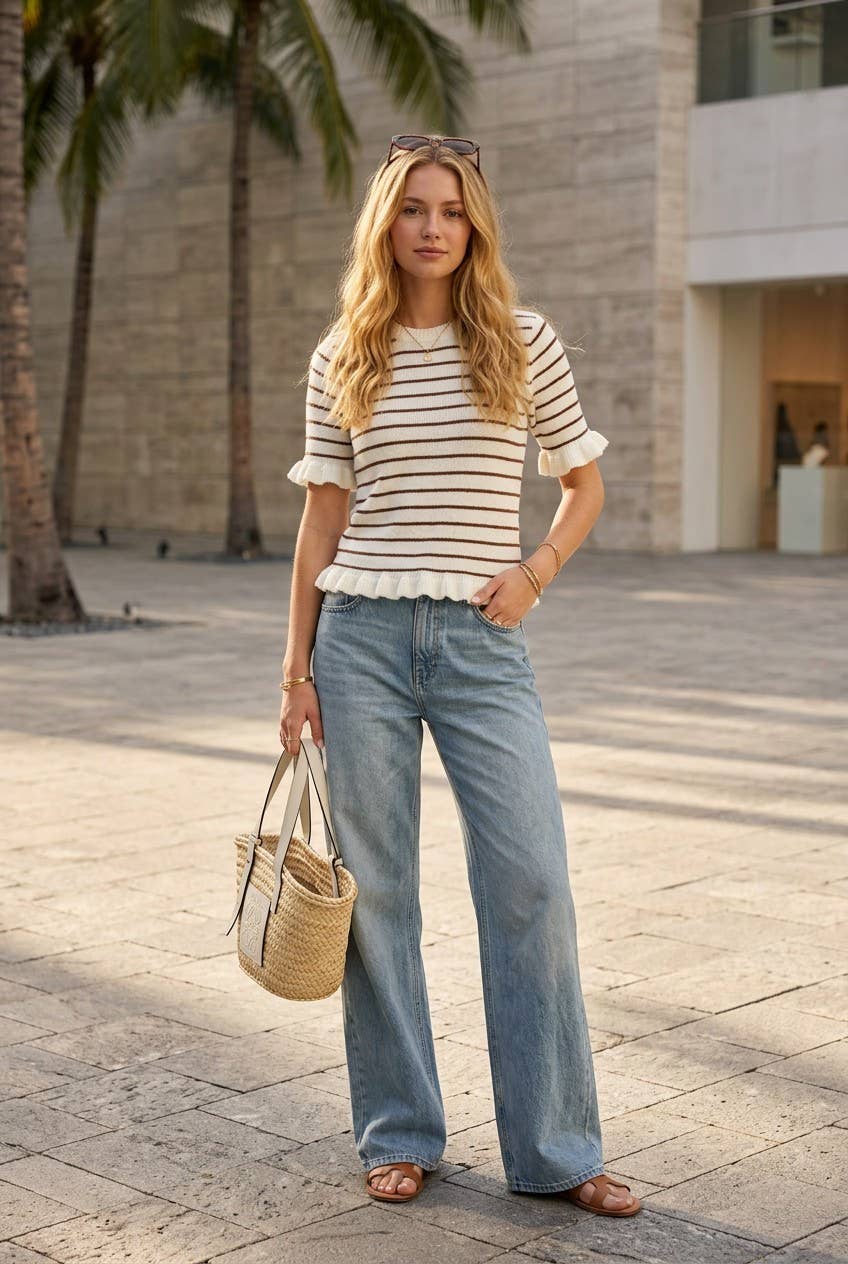 Striped Short Ruffle Sleeve Knitted Sweater