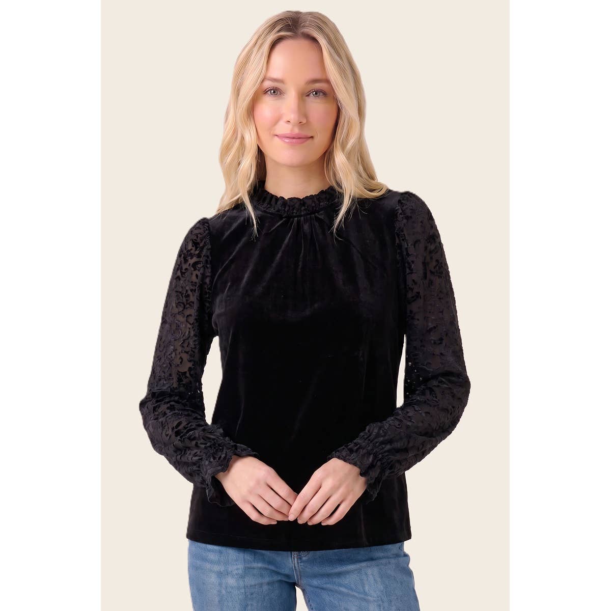 BURNOUT VELVET SLEEVED VELVET TOP