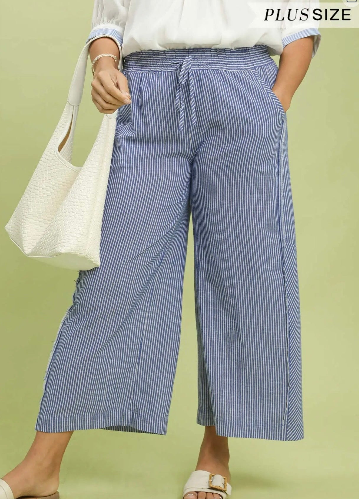 Curvy Linen Blend Stripe Wide Leg Pants