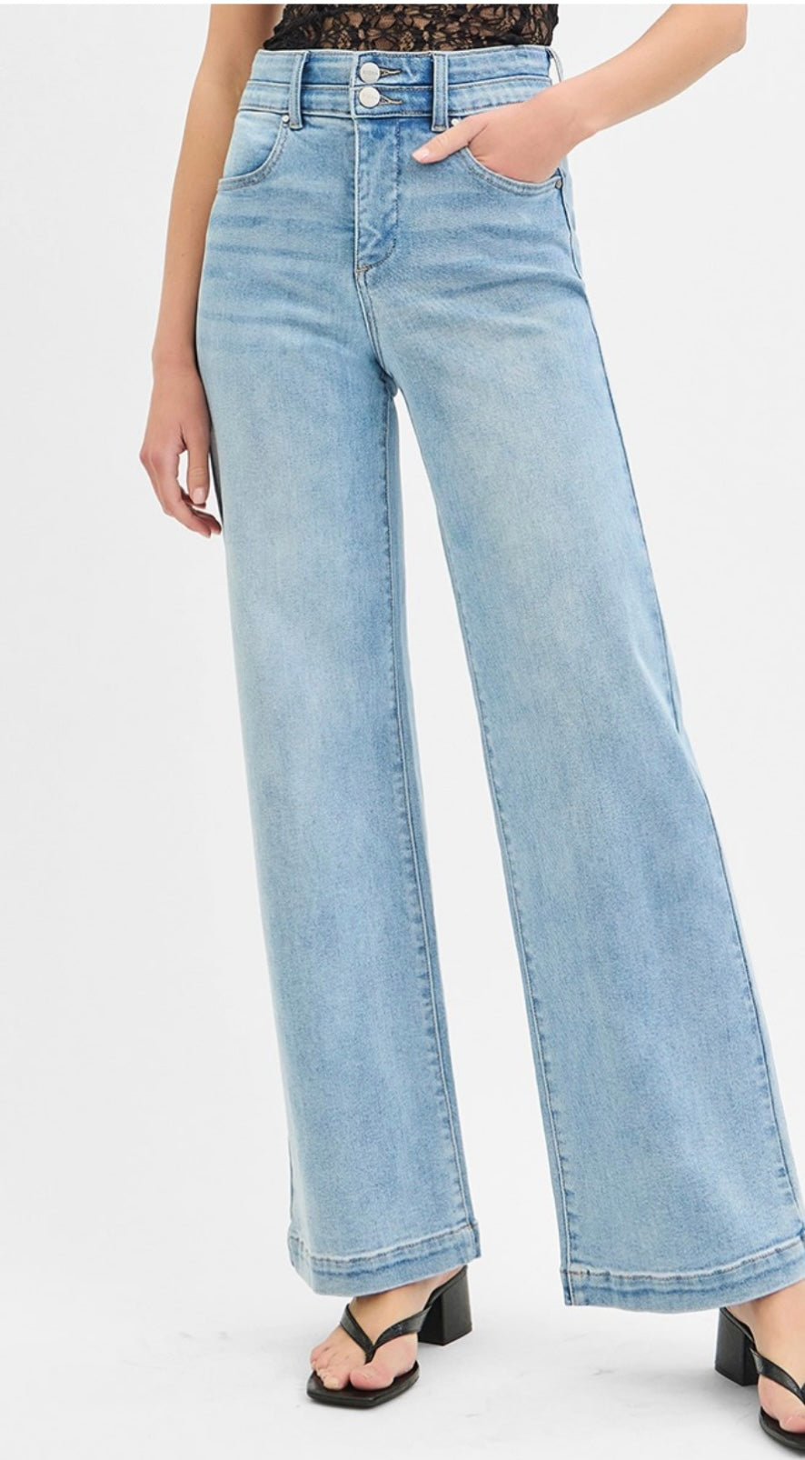 Risen Tummy Control High Rise Double Button Light Wash Jean
