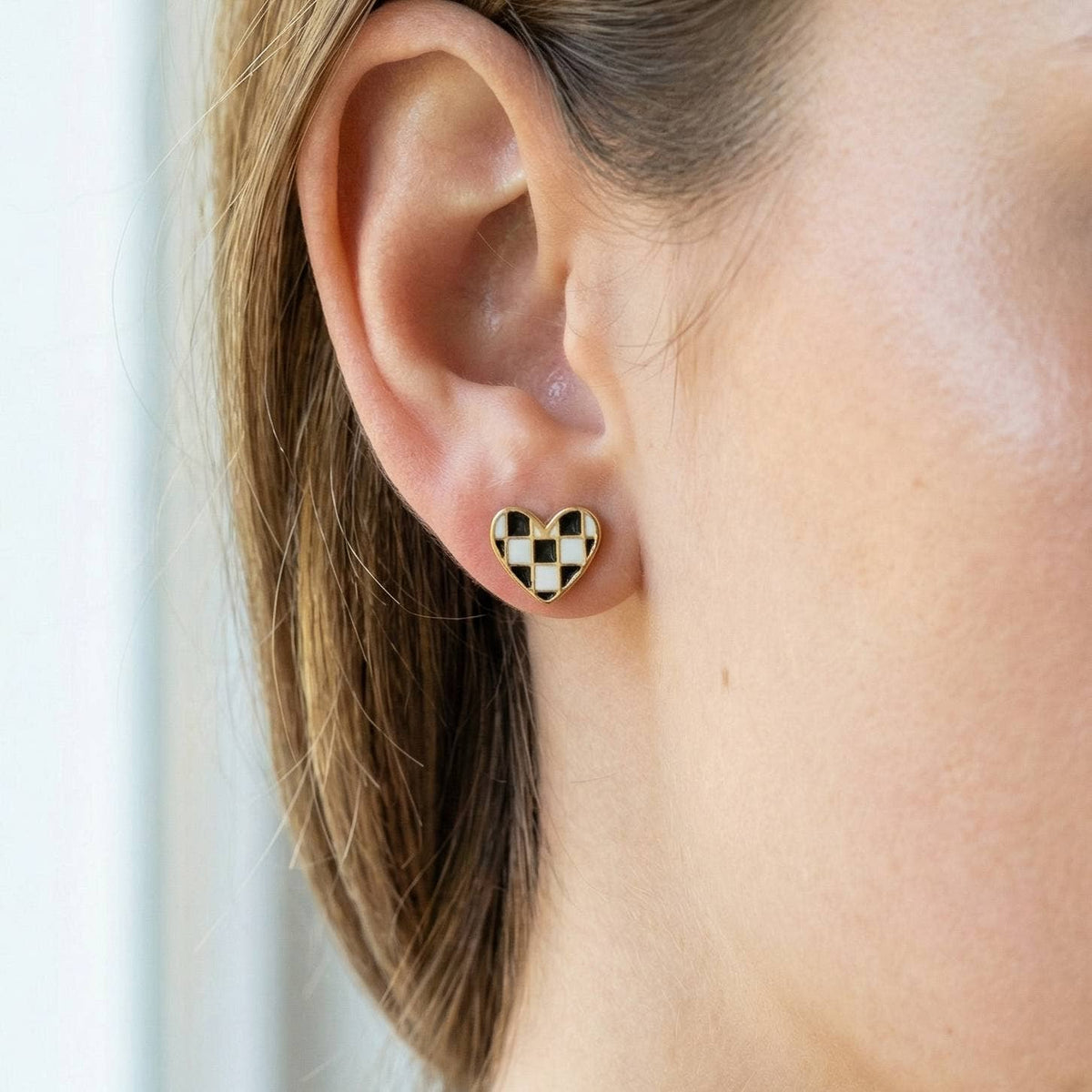 Gold Dipped Checkered Heart Stud Earrings