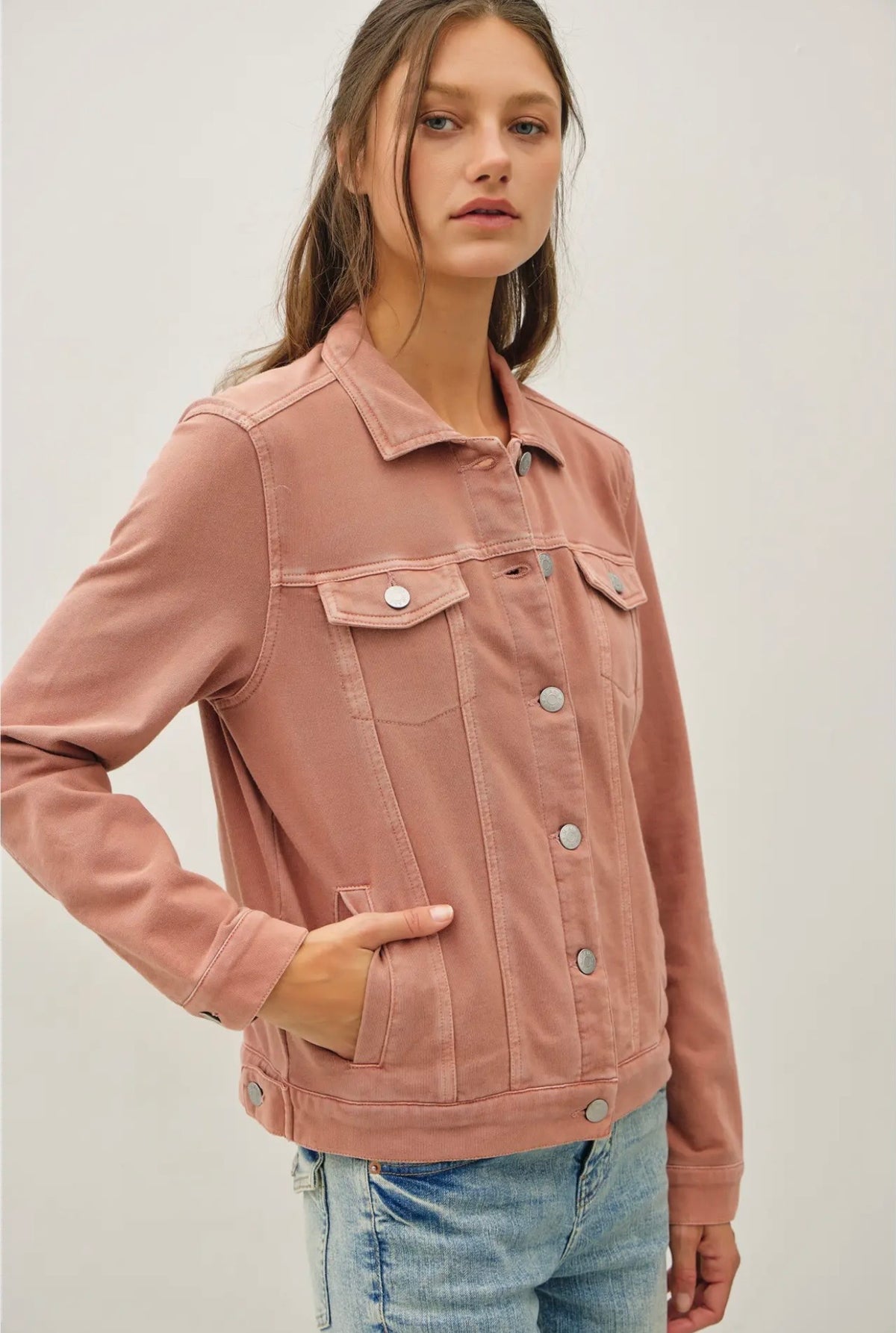 Curvy Garment Dyed Stretch Fleece Trucker Denim Jacket