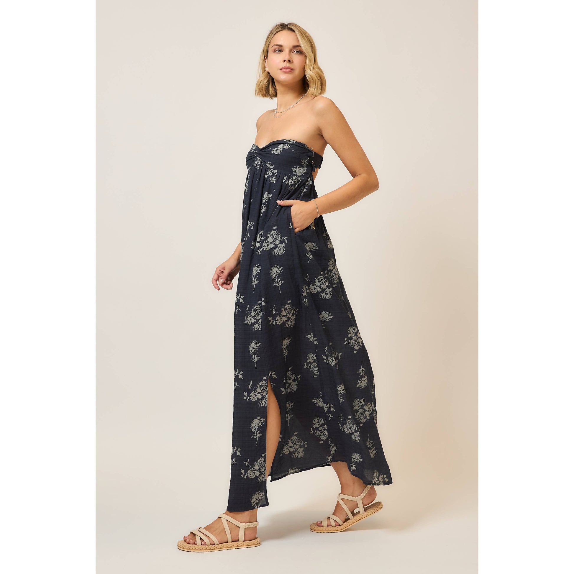 Floral Strapless Open Back Maxi Dress