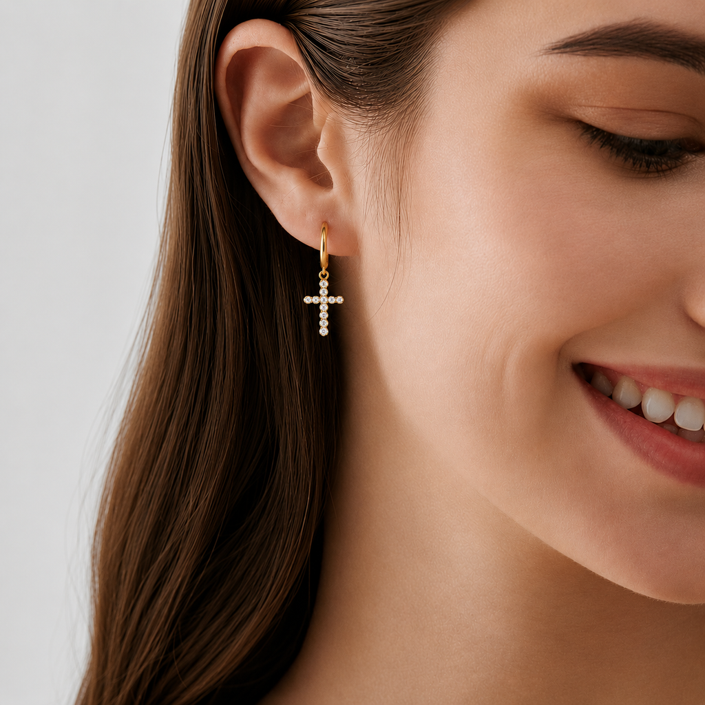 18K STAINLESS STEEL WATERPROOF TARNISH FREE CROSS HOOPS