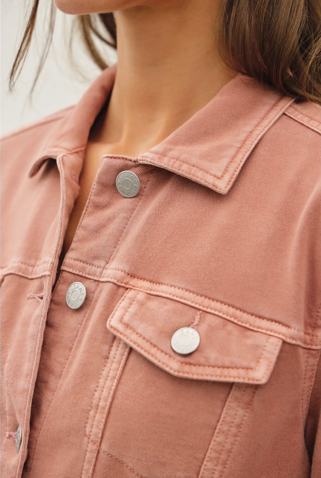 Curvy Garment Dyed Stretch Fleece Trucker Denim Jacket