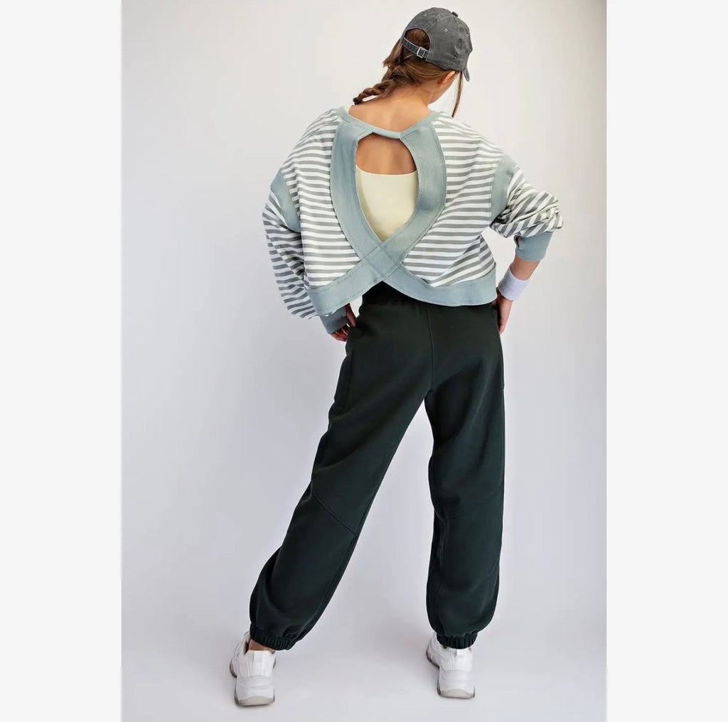 Striped Terry Open Back Long Sleeve Top