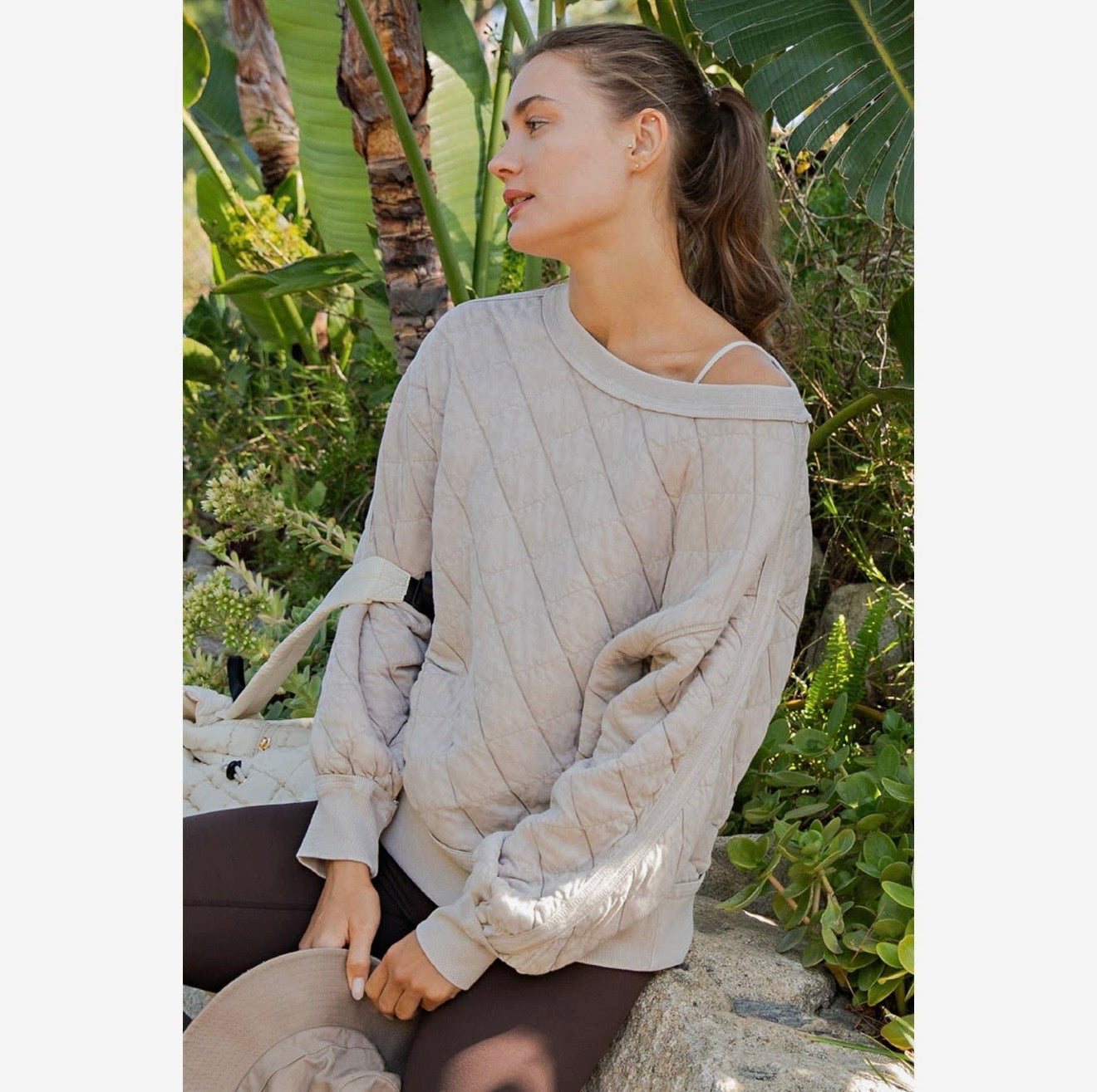 Mineral Wash Quilted Off Shoulder Sweatshirt