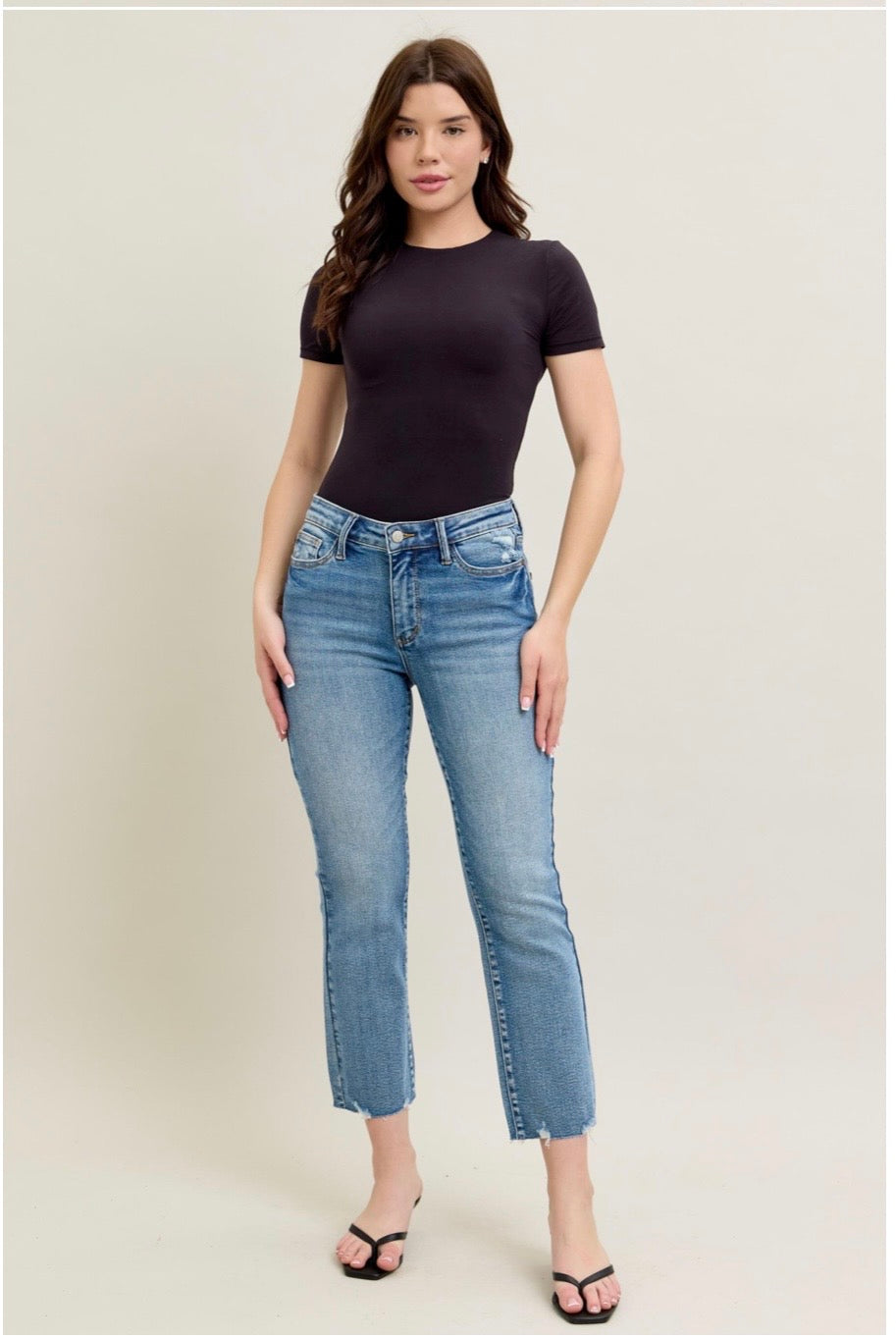 Judy Blue Vintage Wash Destroy Hem Kick Flare Crop Denim