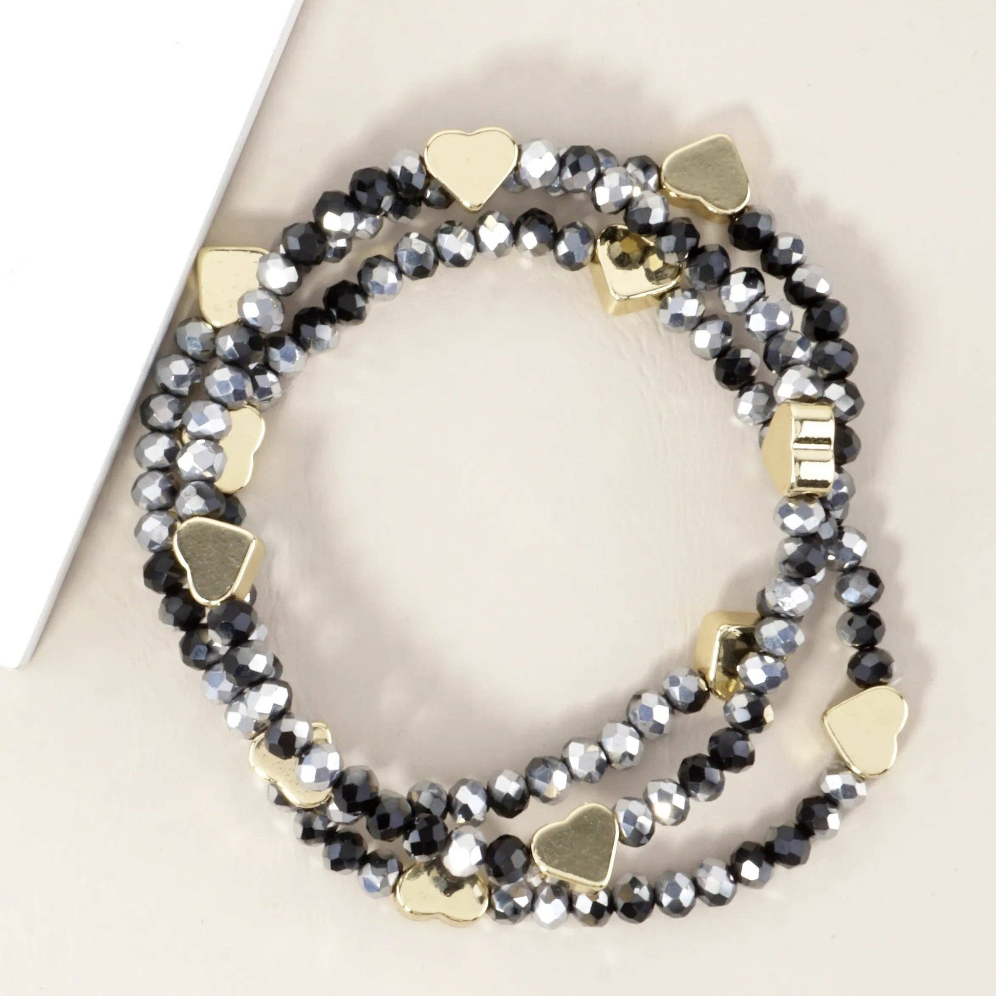 3-PC Set Faceted Glass Beads Hearts Stretch Bracelets