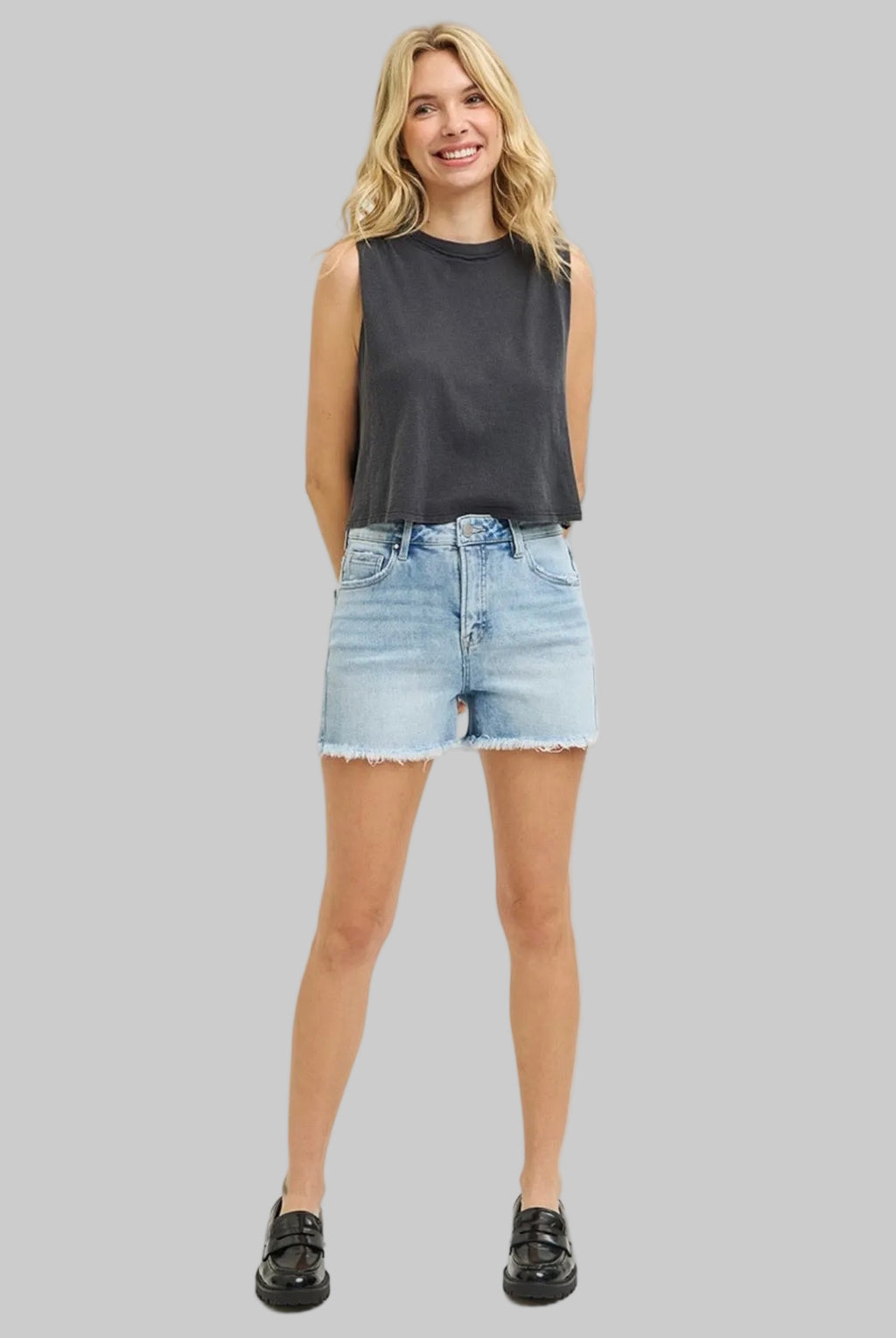 Risen Tummy Control Light High Rise Fray Hem Denim Short