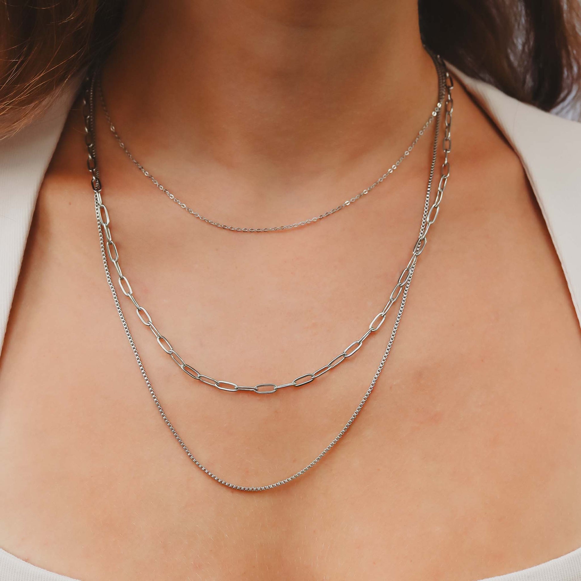 18K Gold PVD Stainless Steel Loop, Box, and Paperclip Layered Chain Necklace