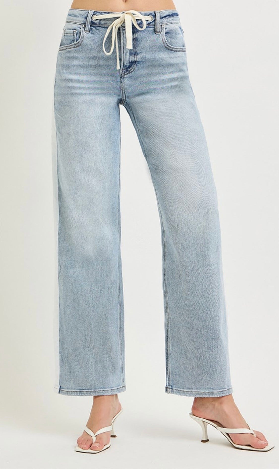 Risen Side White Stripe Drawstring Waist Jean