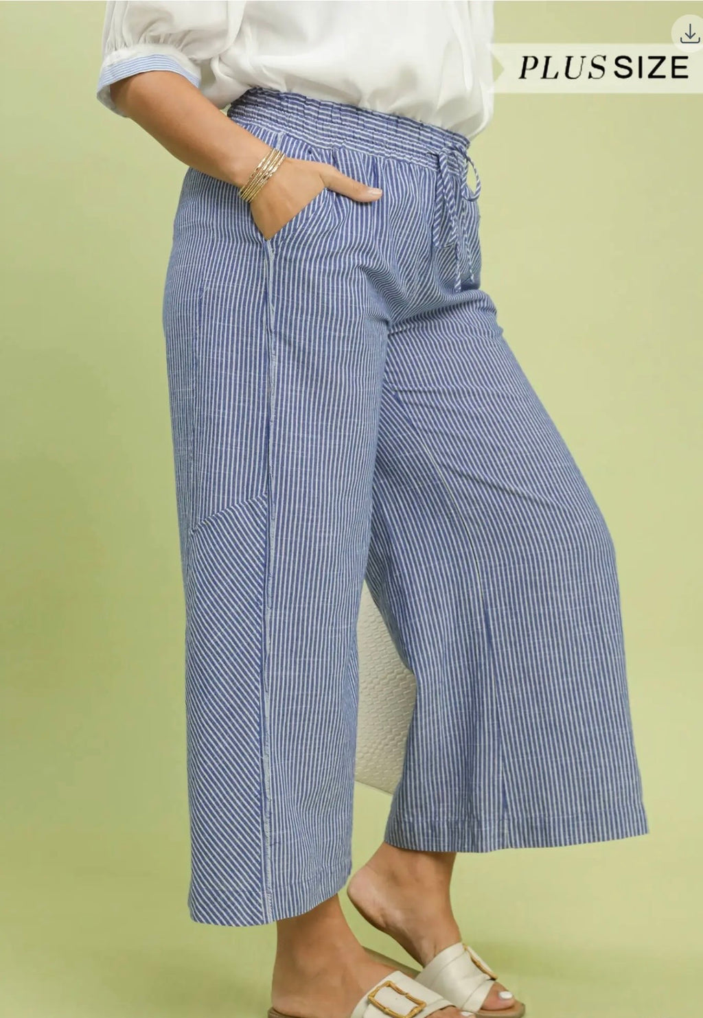 Curvy Linen Blend Stripe Wide Leg Pants