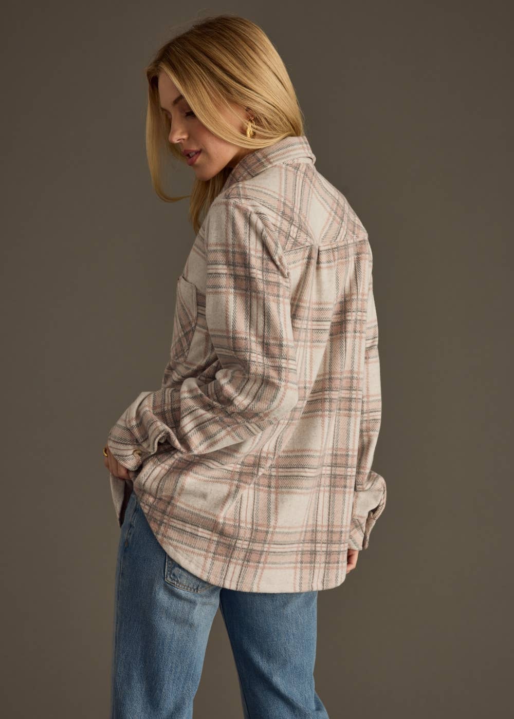 Pink, Gray & Tan Plaid Button Up