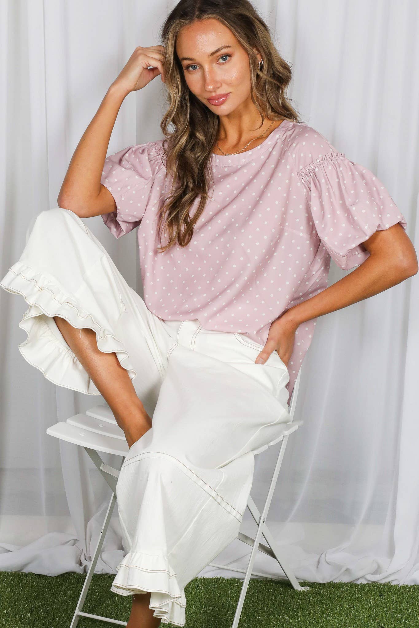 Swiss Dot Printed Short Puff Sleeve Blouse Top