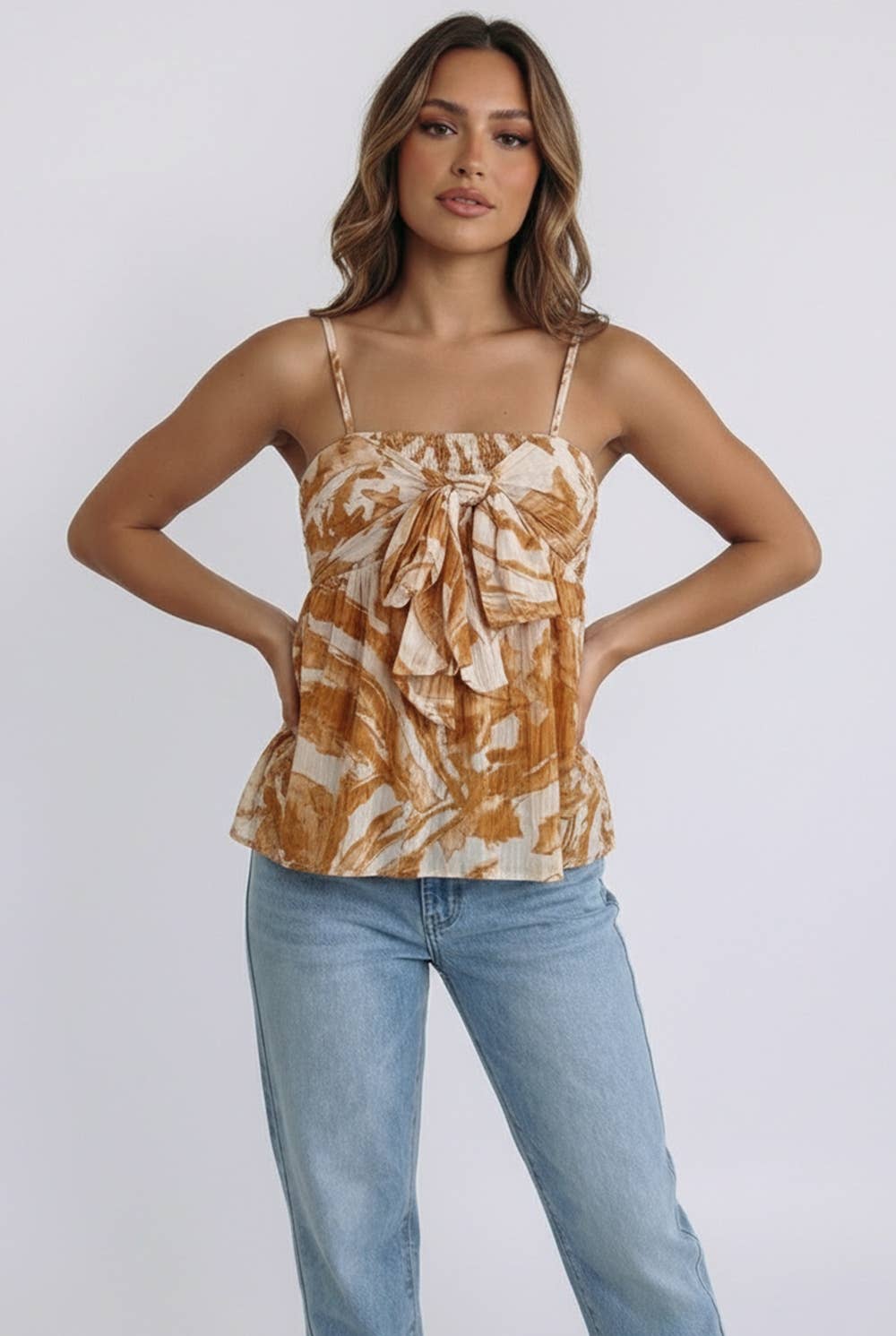 CRINKLE WOVEN SMOCKED CHEST FRONT TIE TOP