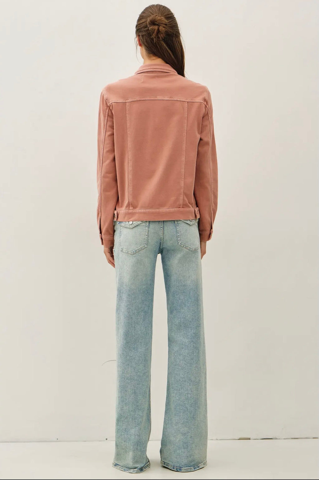 Curvy Garment Dyed Stretch Fleece Trucker Denim Jacket