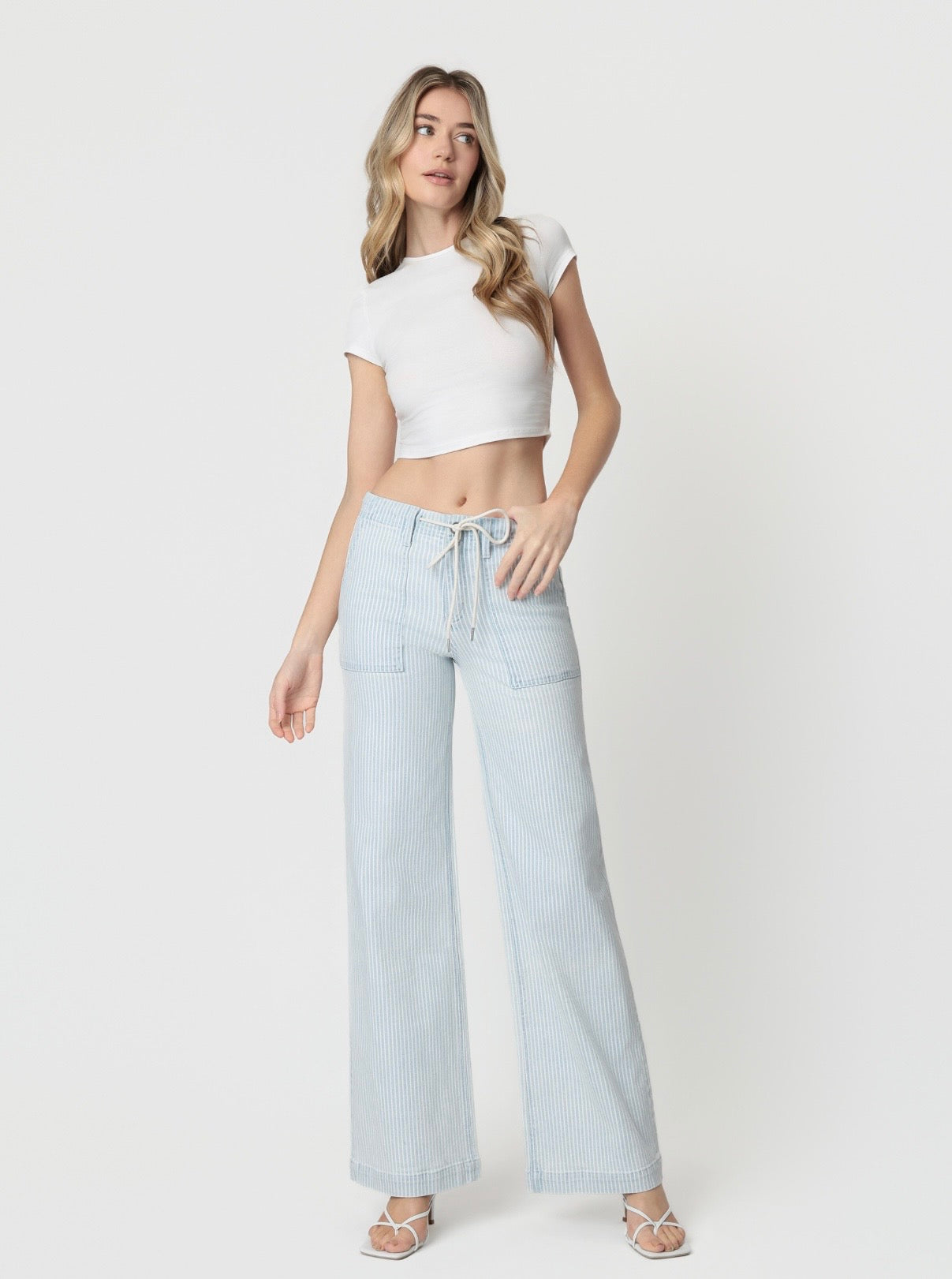 Lovervet High Rise Drawstring Elastic Waist Striped Wide Jeans