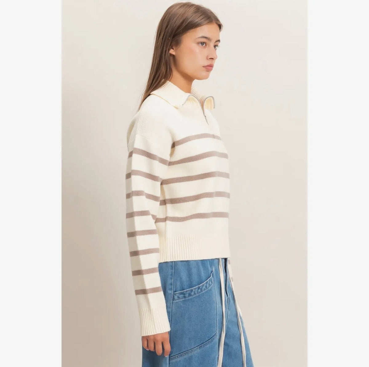 Half Zip Collared Stripe Sweater