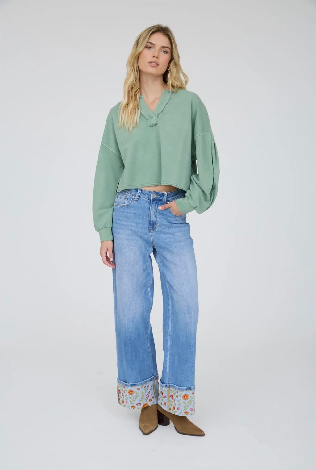 Notch Collar Long Sleeve Knit Top