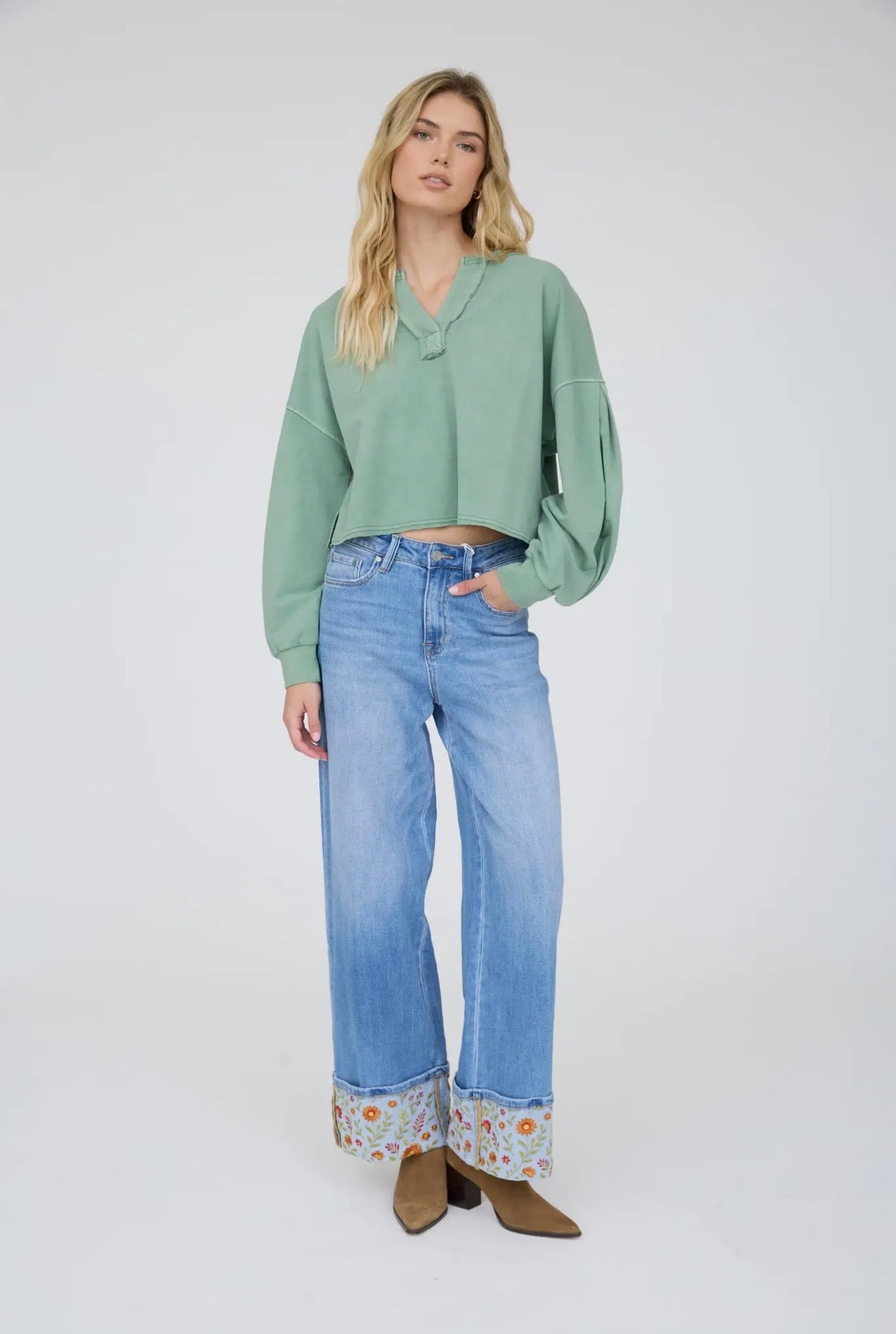 Notch Collar Long Sleeve Knit Top
