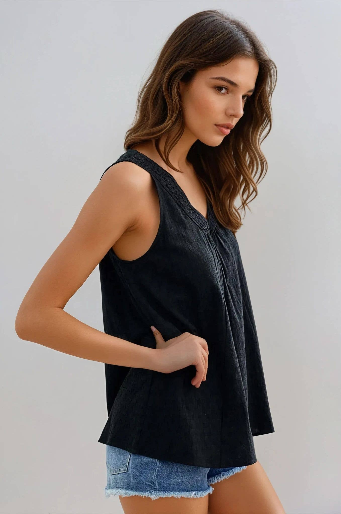 Braid Trimmed V-neck Top