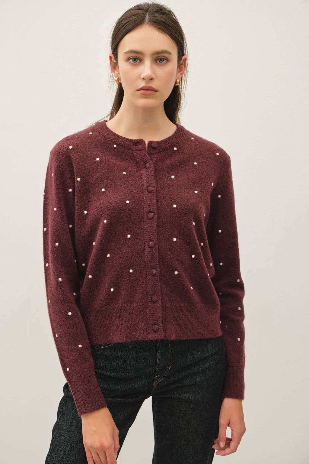 WOOL BLENDED COZY DOTTED KNIT CARDIGAN