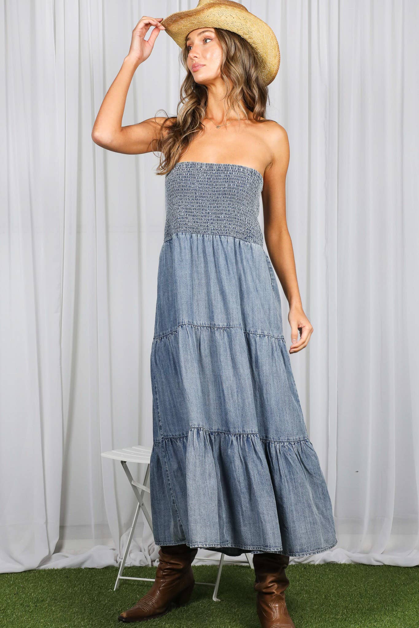 Tube Top Chambray Denim Sleeveless Flowy Pocket Dress
