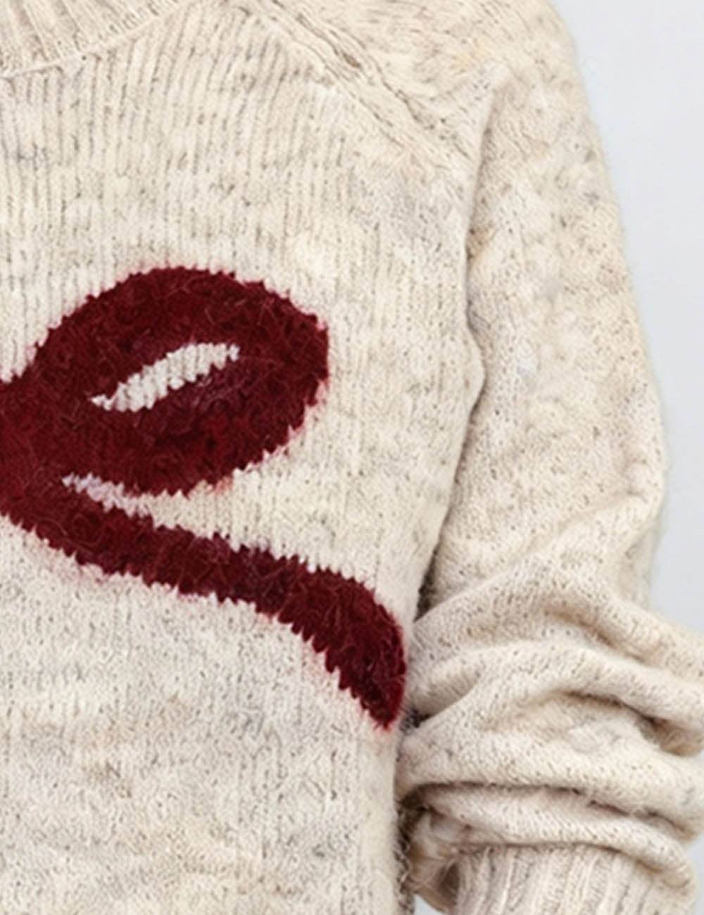 Ladies Round Neck Bow Pattern Ribbed Trim Knit Sweater