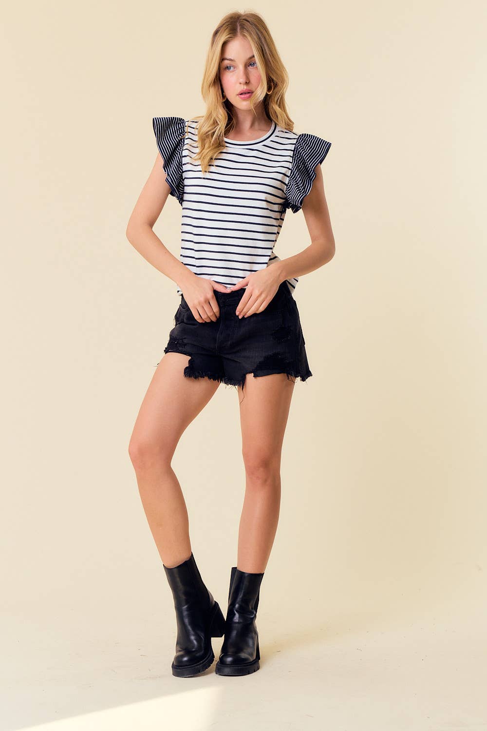 CREWNECK RUFFLE SLEEVE STRIPE MIXED TOP